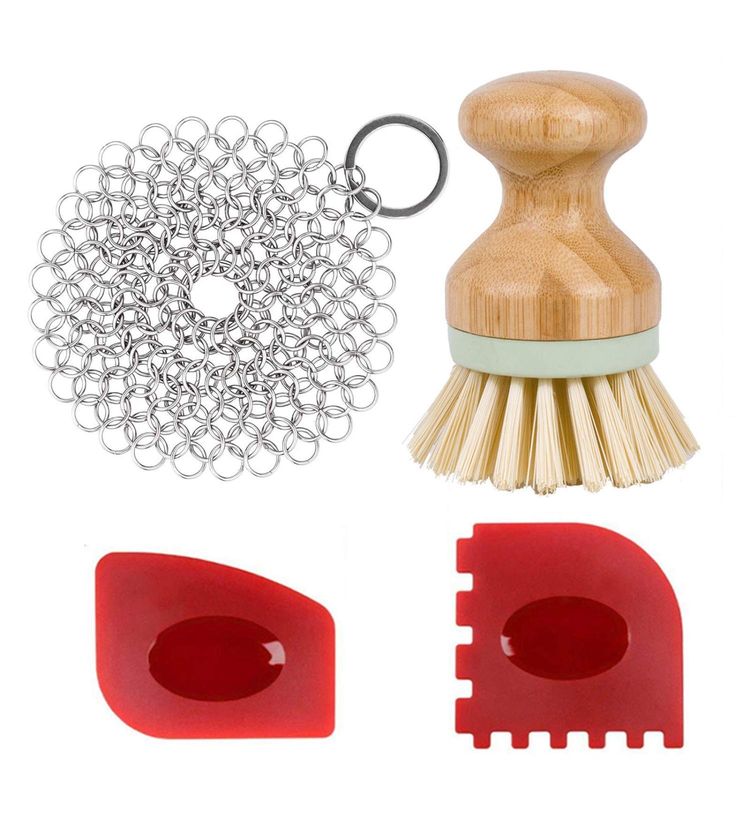 Cast Iron Cleaner Kit - Wood Scrub Brush, Chainmail Scrubber & Pan Scrapers for Easy Kitchen Cleaning - Buy Online on GoSupps.com