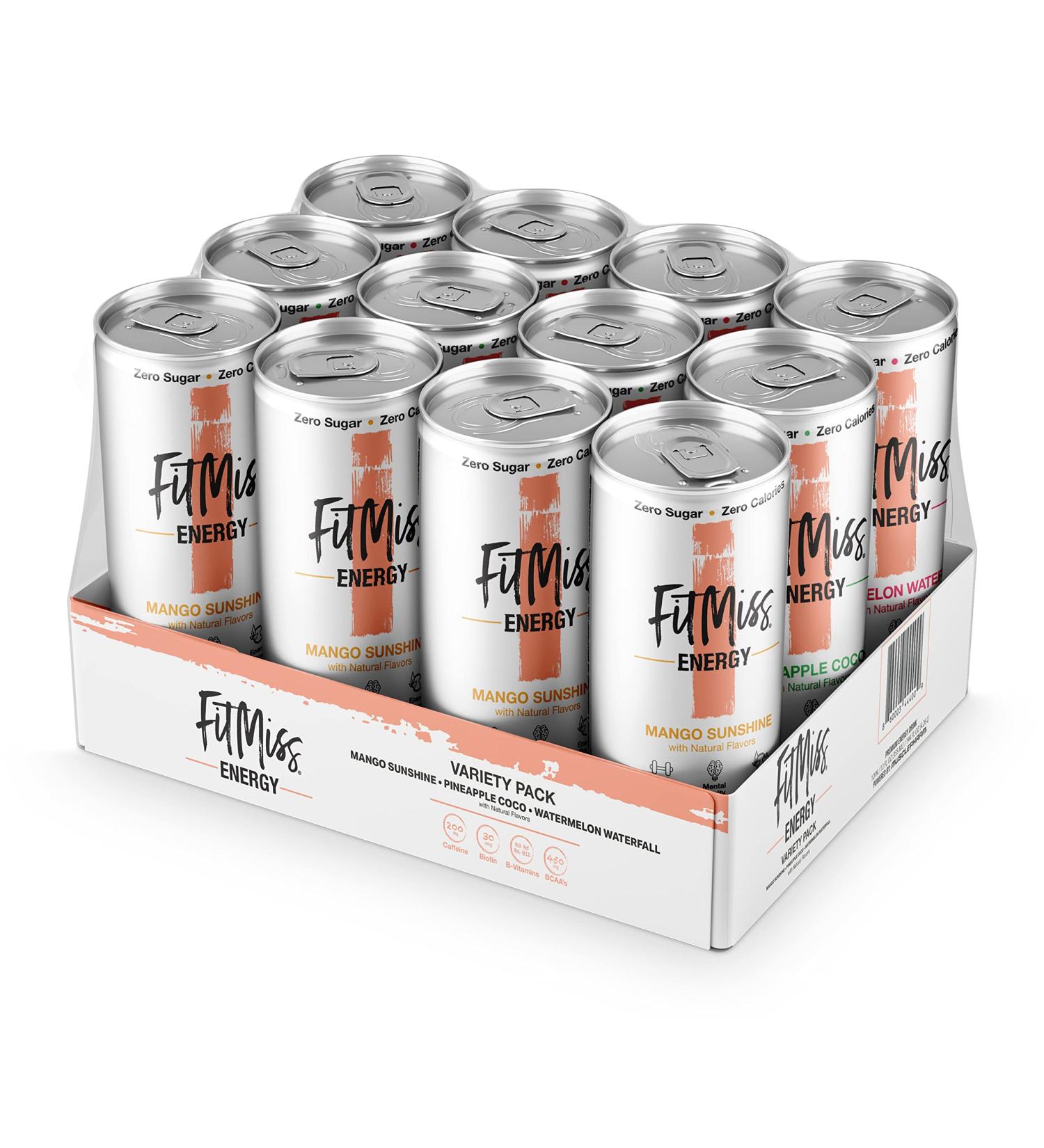 MusclePharm FitMiss Energy Drink 12oz (Pack of 12) Variety Pack - Mango  Pineapple Coconut  Watermelon - Sugar Free Calories Free - Perfectly Carbonated with No Artificial Colors or Dyes Mango  Watermelon  Pineapple Coconut - Buy Online on GoSupps.com