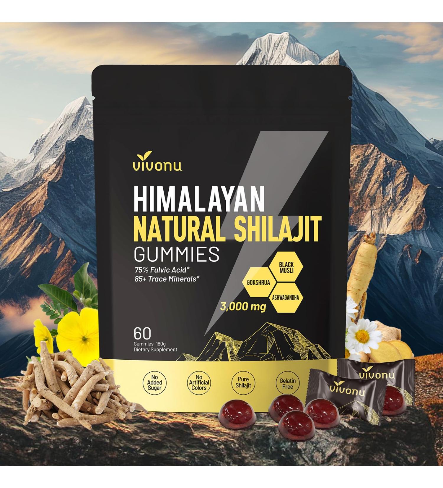 Himalayan Shilajit Gummies with Ashwagandha & Gokshura | 85+ Trace Minerals & Fulvic Acid | Organic, Non-GMO Micronutrient Supplement for Men & Women | 100% Pure & Natural 3000mg | 60 Gummies - Buy Online on GoSupps.com