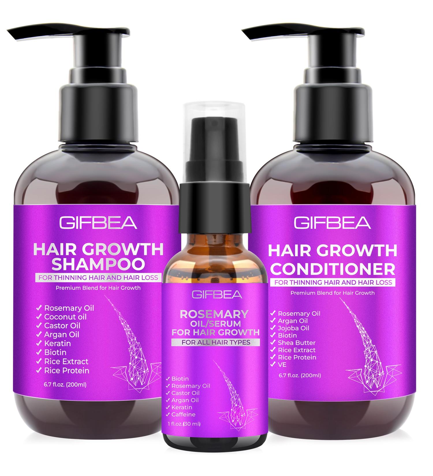 GIFBEA Hair Growth Shampoo and Conditioner Set with Rosemary Oil Serum - Biotin, Argan Oil, Castor Oil, Coconut, Keratin, Rice Water - Hair Loss Treatment for Men & Women - Buy Online on GoSupps.com