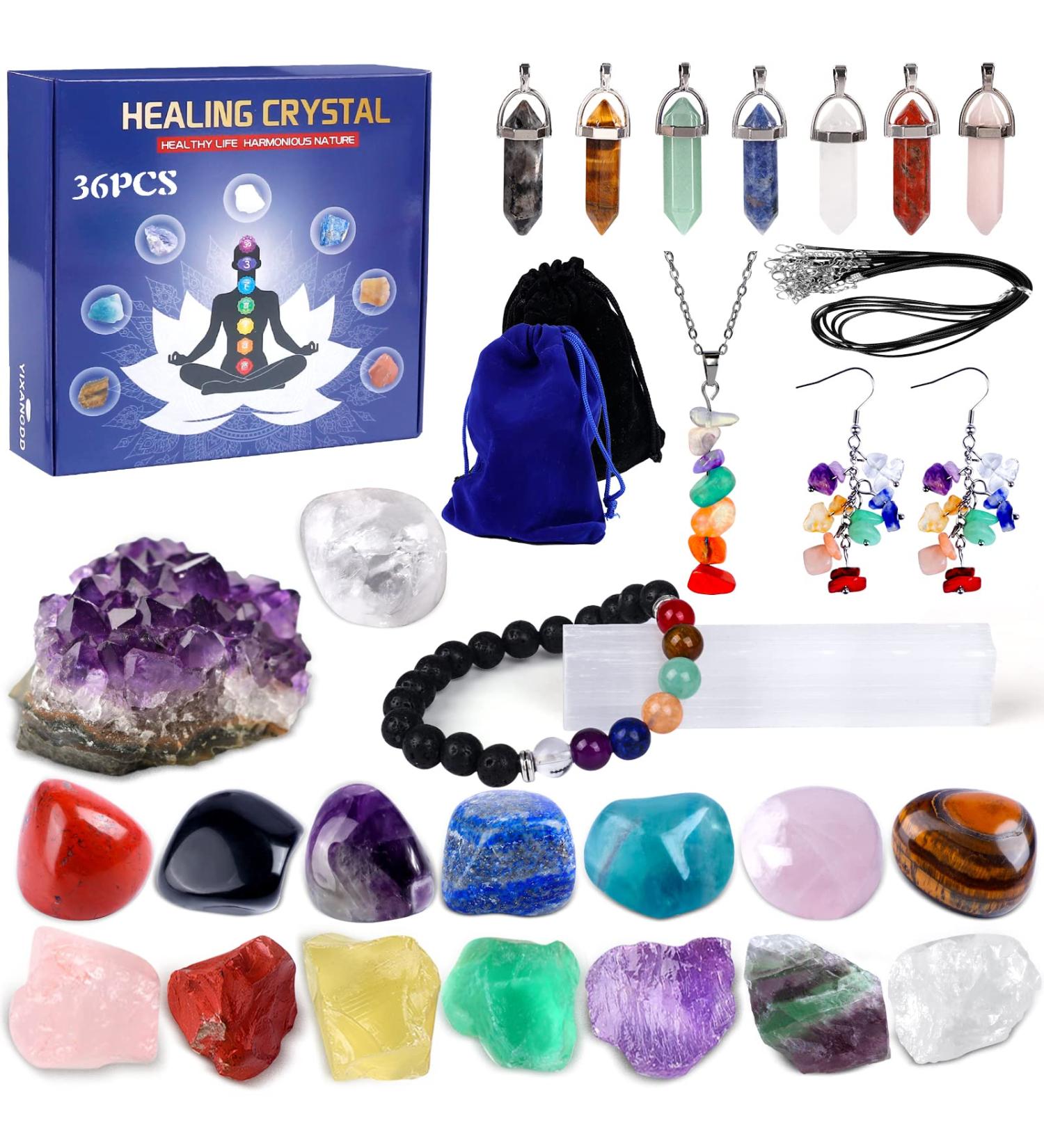 Complete Healing Crystals Set: 7 Chakra Stones, 7 Tumbled Stones, 7 Crystal Necklaces, Amethyst, Selenite, Clear Quartz, 3 Crystal Jewelry Pieces - Includes 2 Storage Bags and 7 Jewelry Ropes - 36 PCS - Buy Online on GoSupps.com
