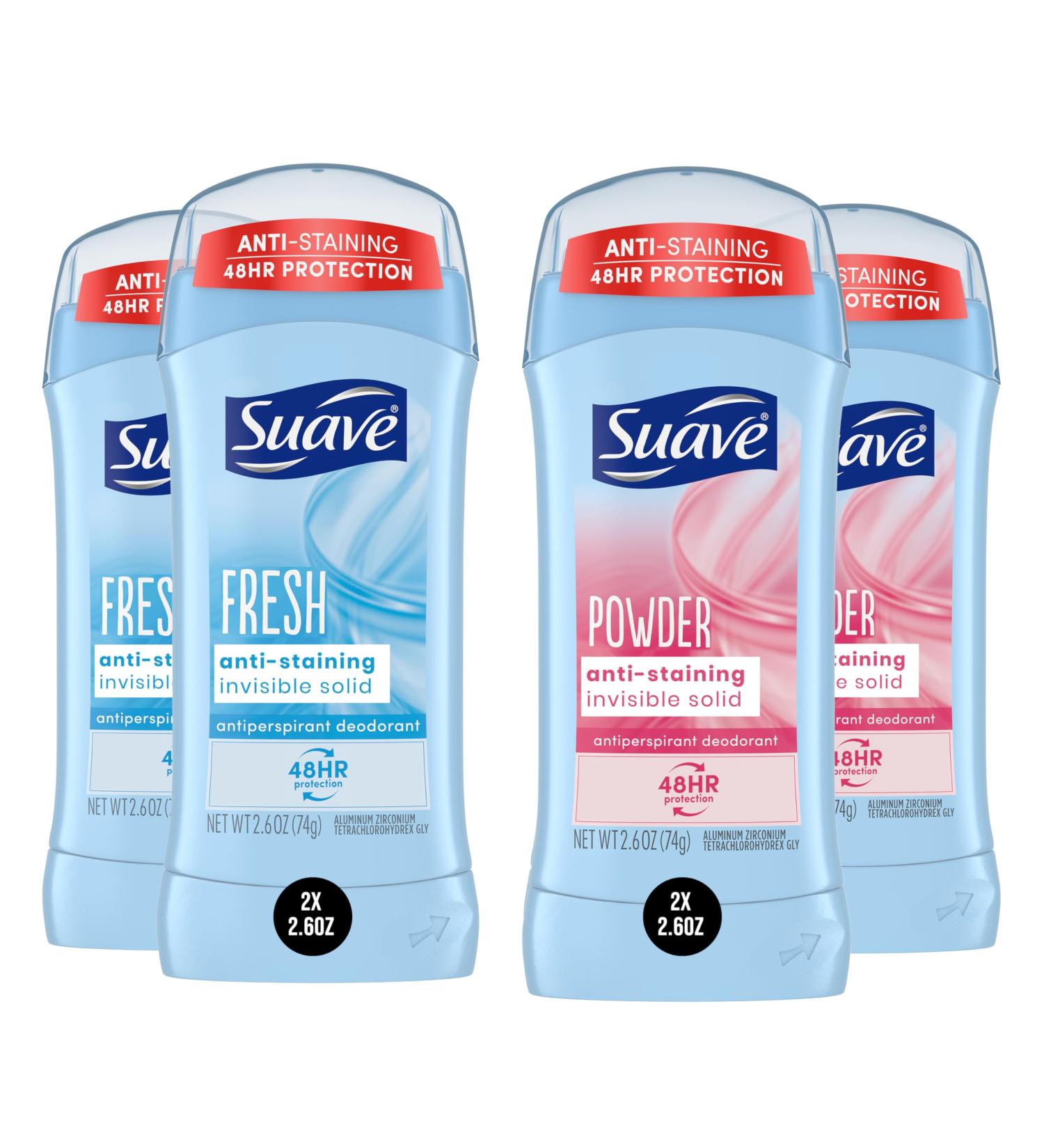 Suave Deodorant Women Antiperspirant Powder and Fresh Bundle 48-Hour Odor & Wetness Protection with Essential Oils anti-staining no baking soda Bundle 4 x 2.6 oz - Buy Online on GoSupps.com