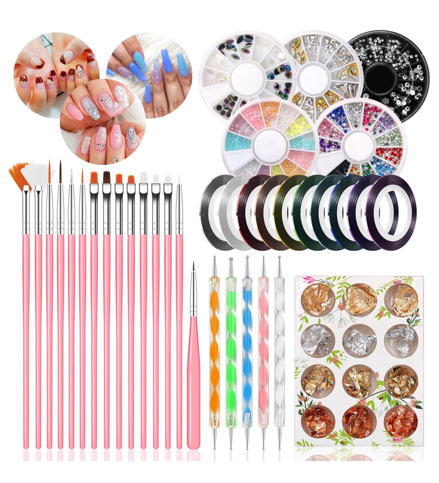 Pinkiou 47 Pcs Nail Art Tool Kit - Brushes, Dotting Pens, Foil Strips, Manicure Tape, Rhinestones | Nail Painting Set - Buy Online on GoSupps.com