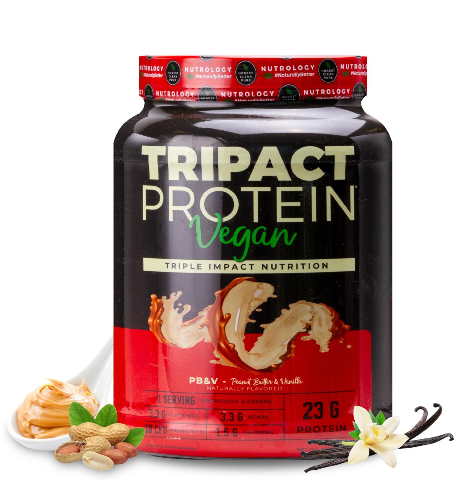 Nutrology TRIPACT Vegan Protein Powder - Organic Pea Rice & Pumpkin Blend Meal Replacement Shake with BCAAs & Glutamine for Muscle Recovery & Immunity Peanut Butter & Vanilla Flavor 20 Servings. Peanut Butter & Vanilla 1  - Buy Online on GoSupps.com