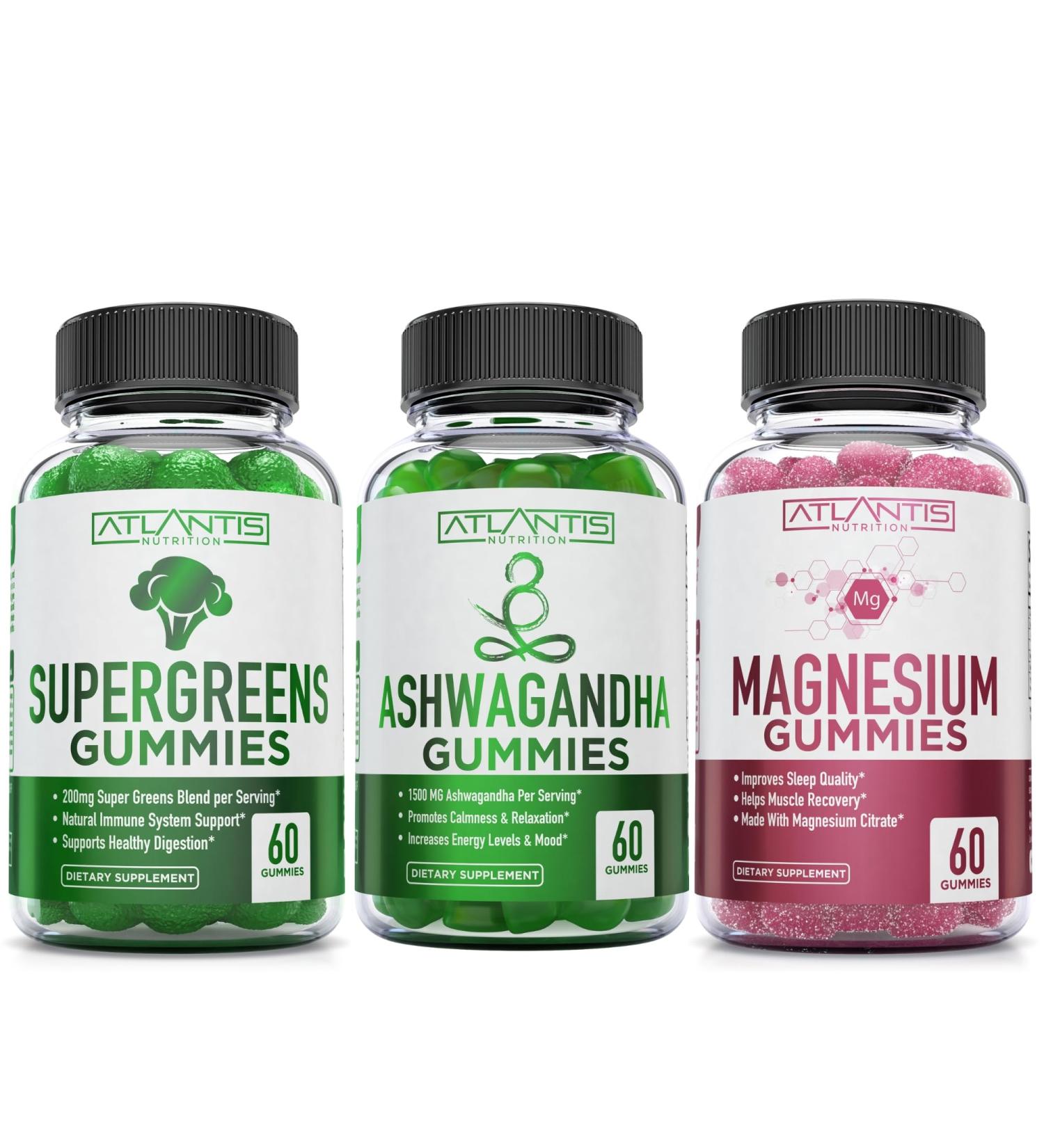 Supergreen Magnesium & Ashwagandha Gummies - Sleep Aid & Muscle Cramp Relief | Immune Support with Spinach, Broccoli, Green Tea & Acai - 60 Gummies - Buy Online on GoSupps.com