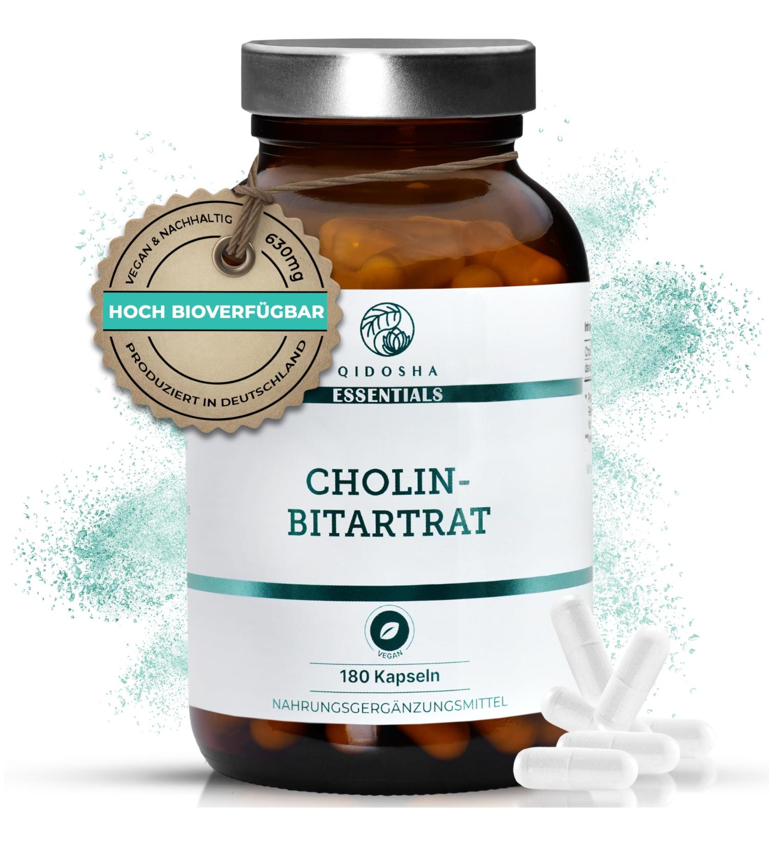 QIDOSHA Cholin Bitartrate Capsules - 630mg 180 Vegan Capsules | High Dose Lab Tested German Quality - Shop Now! - Buy Online on GoSupps.com