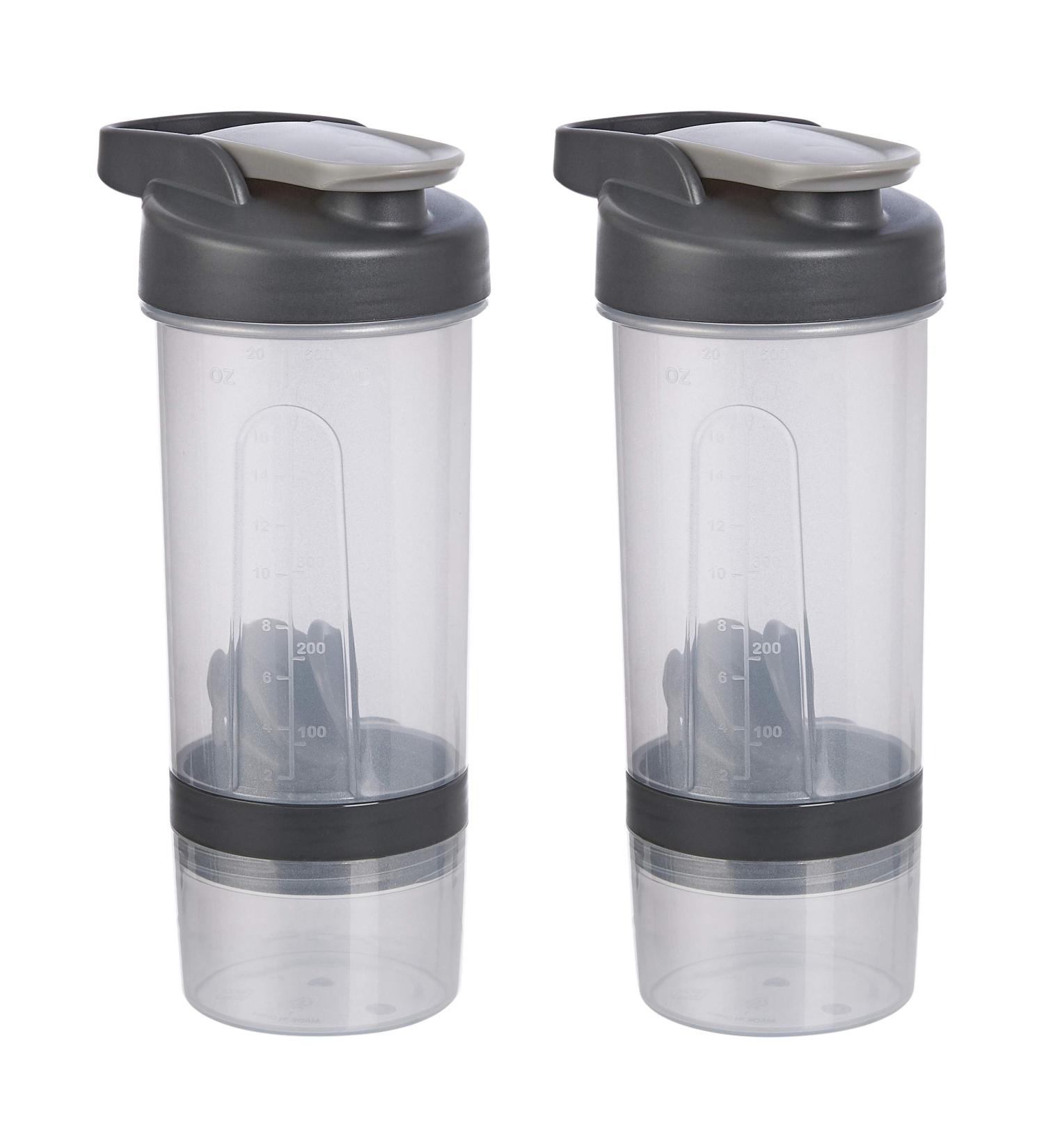 Amazon Basics 20oz Shaker Bottle with Mixer Ball - 2 Pack, Grey - Buy Online on GoSupps.com