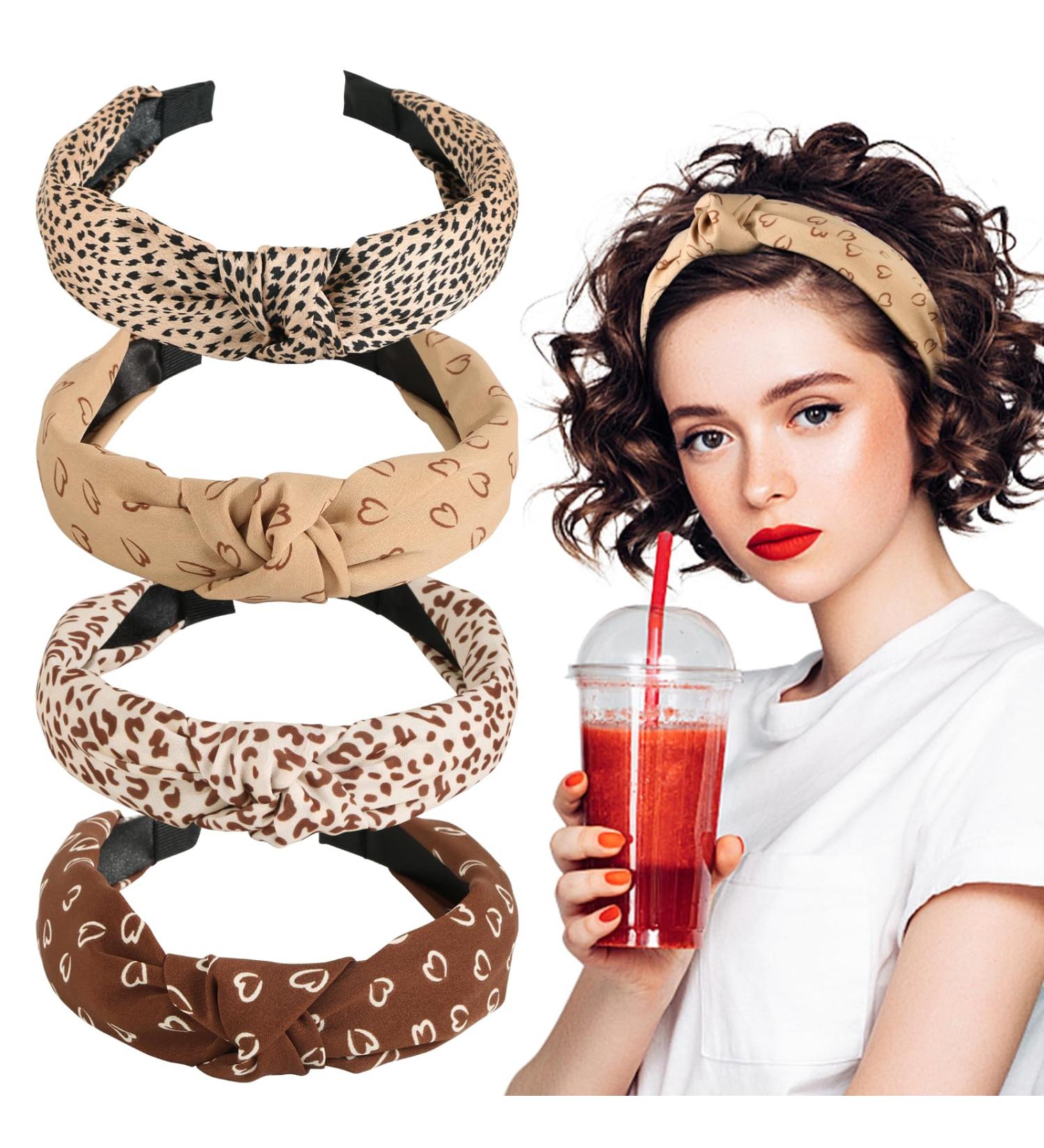 BETESSIN 4pcs Leopard Print Hairband Set | Wide Headbands for Women & Girls | Stylish Knot & Heart Hair Accessories - Buy Online on GoSupps.com