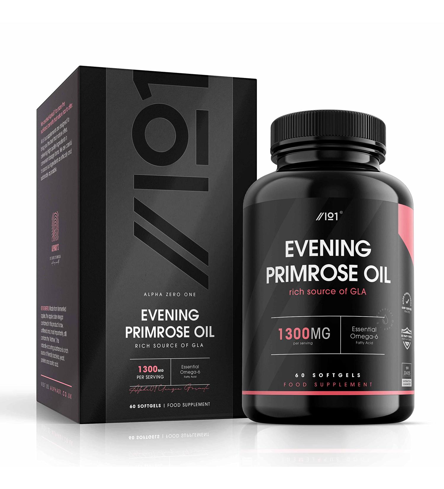 Evening Primrose Oil 1300mg | Cold-Pressed Omega 6 Source | 117mg GLA | Non-GMO Gluten Free | Alpha01 | 60 Capsules - Buy Online on GoSupps.com