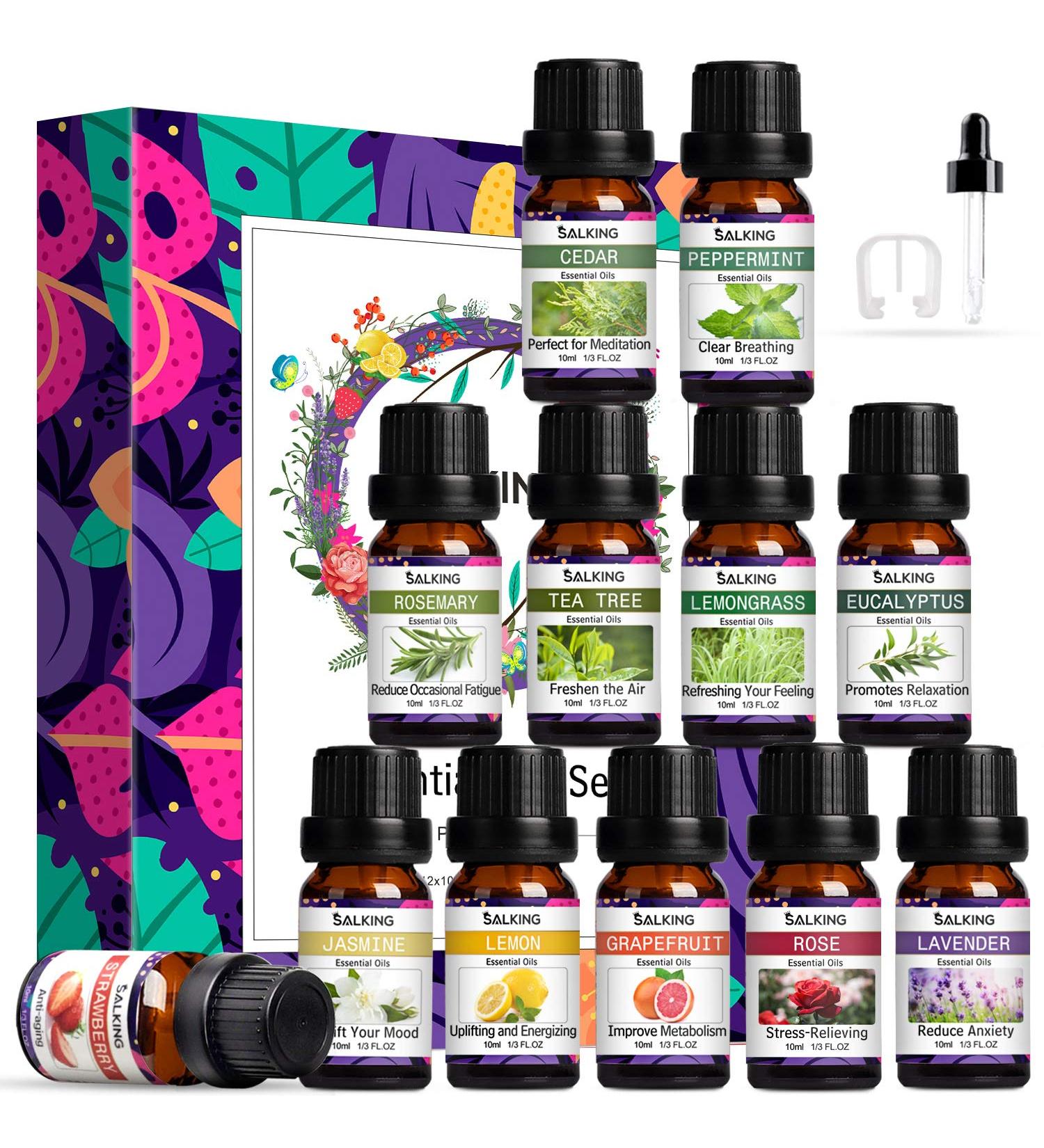 SALKING Essential Oils Set - 12 x 10ML Pure Aromatherapy Oils for Diffuser - Lavender, Rose, Jasmine, Tea Tree, Eucalyptus, Lemongrass & More - Buy Online on GoSupps.com