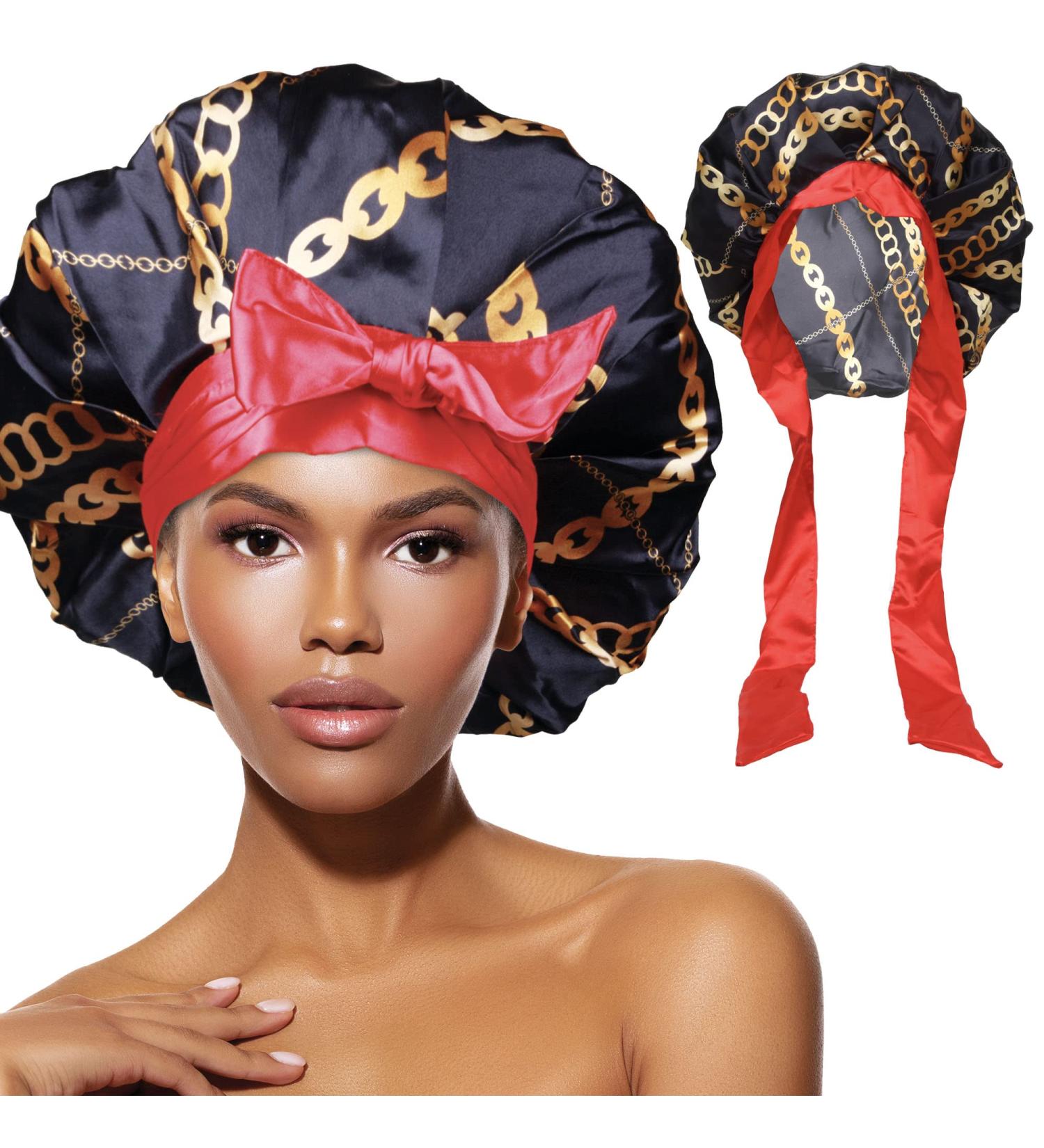 Large Extra Large Adjustable Tie Satin Bonnet Sleep Cap with Headband - Chain Pattern Multicolor - Buy Online on GoSupps.com