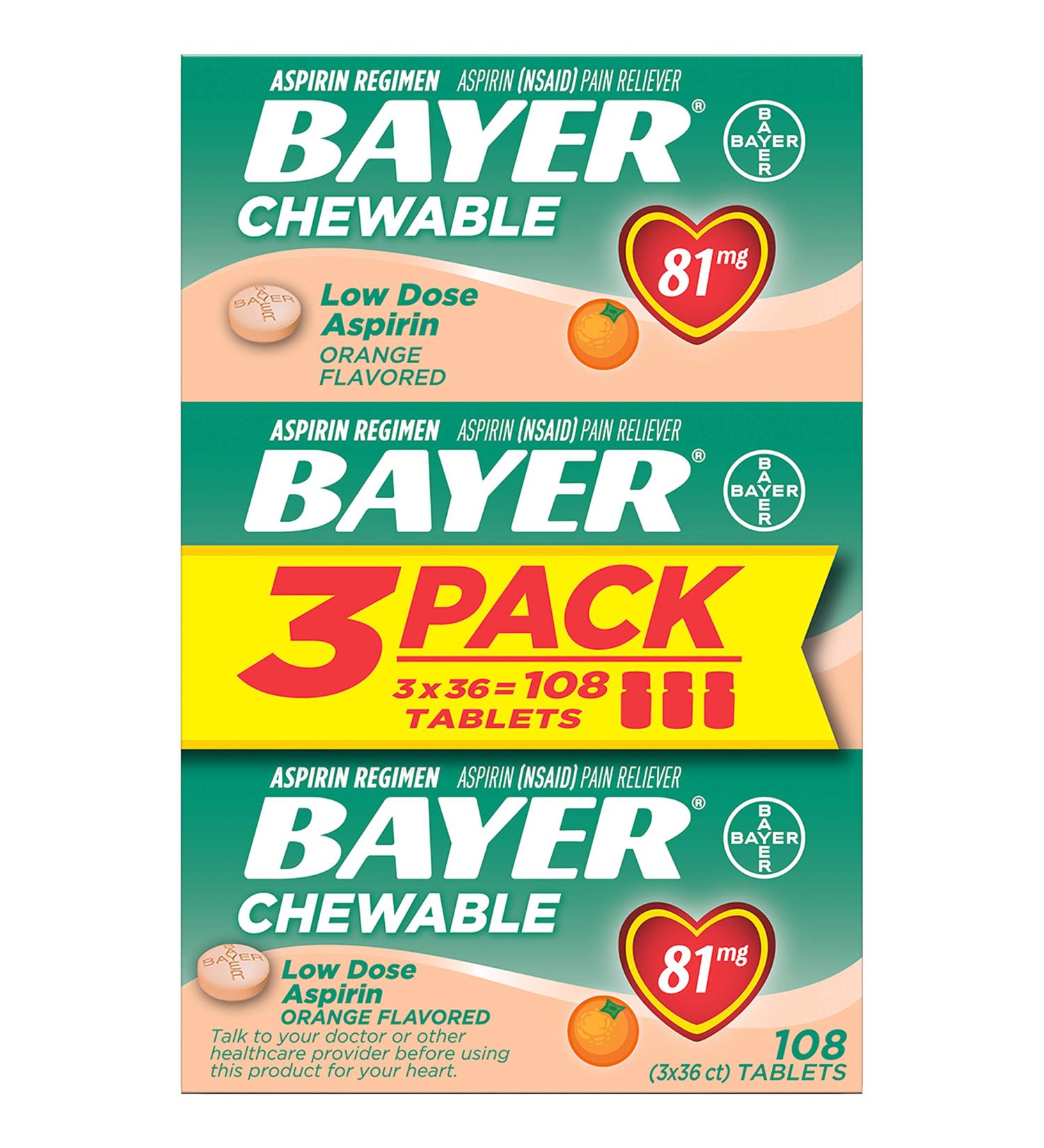 Bayer 81mg Chewable Aspirin Tablets | Doctor Recommended Pain Reliever | Orange Flavor | 108 Count (Pack of 3) - Buy Online on GoSupps.com