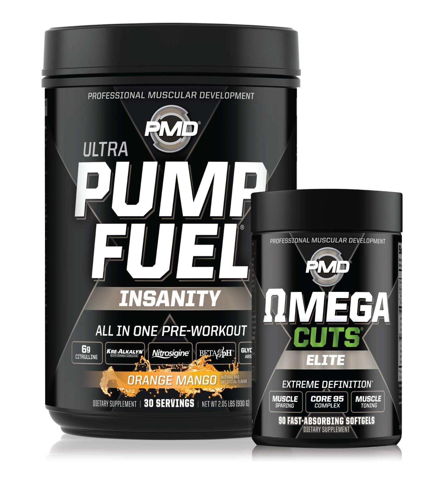 PMD Sports Sports Ultra Pump Fuel Insanity - Pre Workout - Tropical Orange Mango (30 Servings) Sports Omega Cuts Elite Thermogenic Fat Burner (90 Softgels) - Buy Online on GoSupps.com