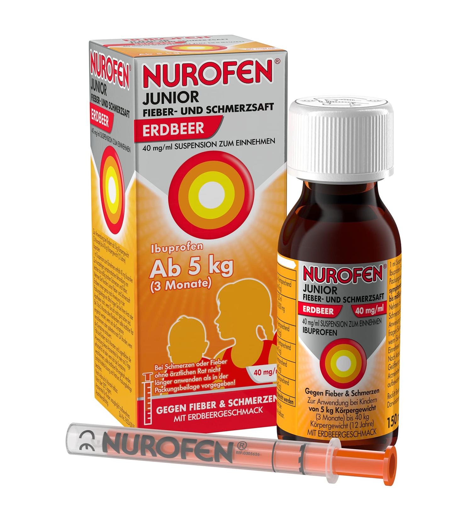 Nurofen Junior Fever & Pain Relief Juice 40mg/ml - Strawberry Taste 150ml (1 Pack) - Fast Fever Reduction for Children - Buy Online on GoSupps.com