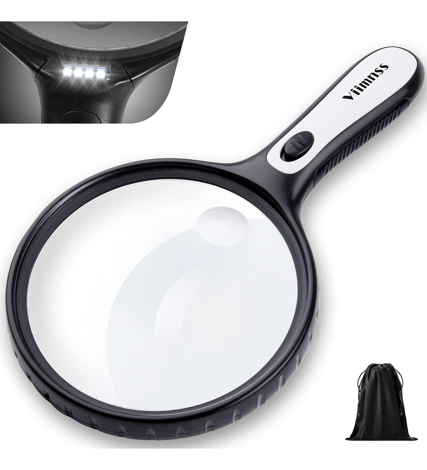 Large 5X 15X Handheld Illuminated Magnifying Glass with Light, LED Lights, Storage Bag & Clean Cloth - Ideal for Seniors, Reading, Inspection, and Exploring - Buy Online on GoSupps.com