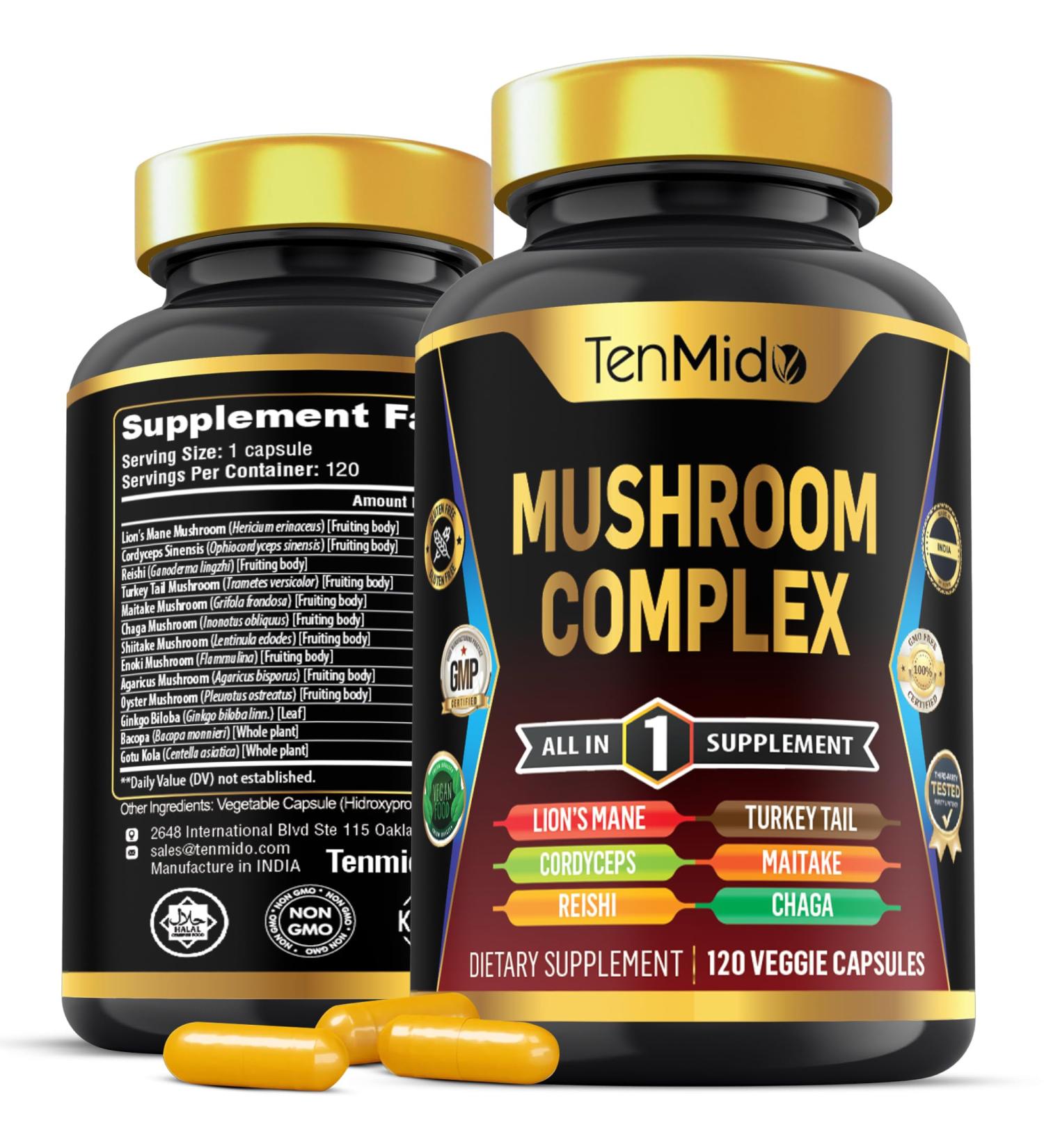 Tenmido Mushroom Complex Supplement - 13in1 Formula - Blend Lion's Mane Mushroom Cordyceps Sinensis Reishi Turkey Tail Maitake Chaga Shiitake Enoki & More - 120 Capsules for 4 Months Supply - Buy Online on GoSupps.com