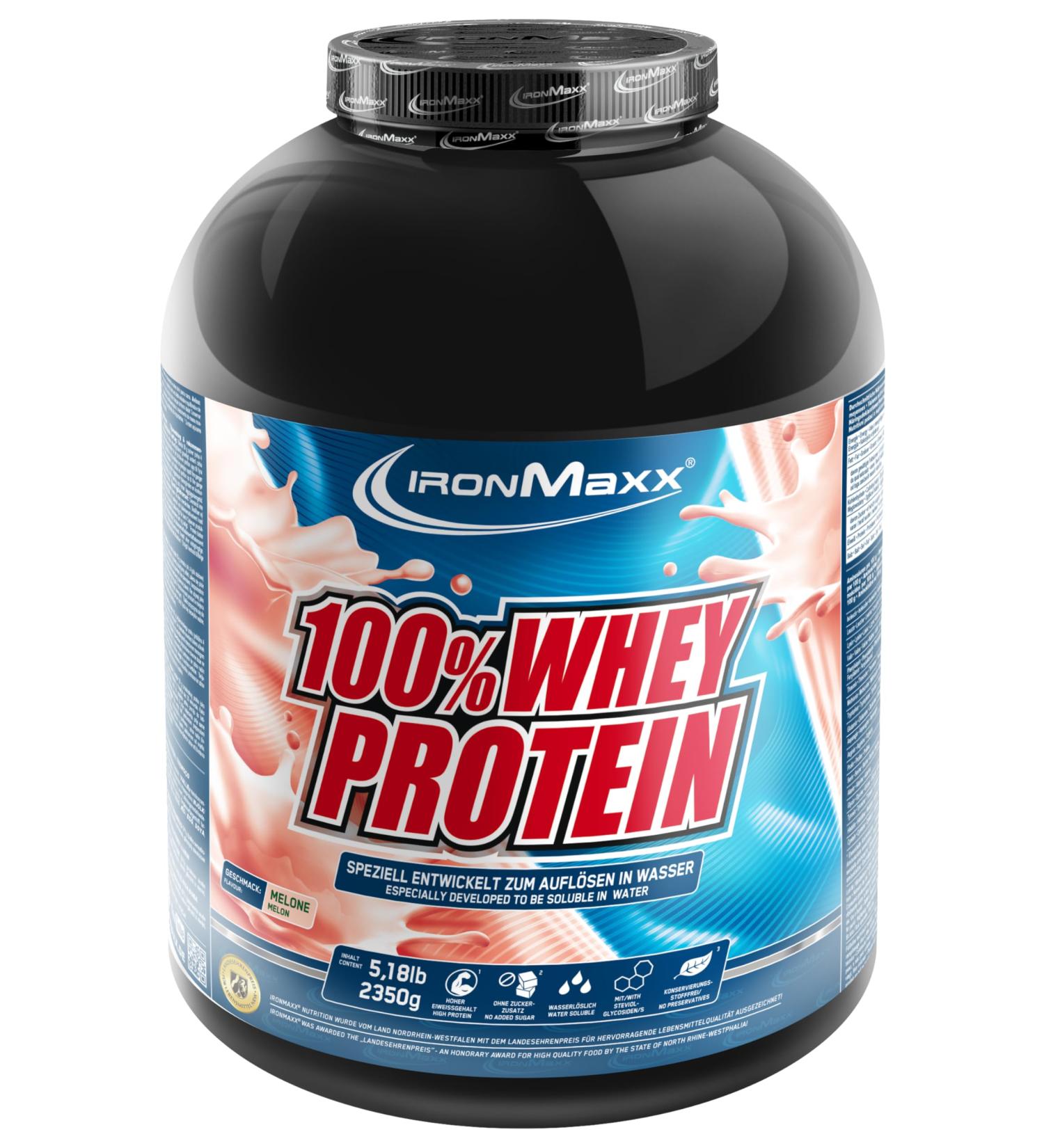 Ironmaxx 100% Whey Protein Powder - Melon Flavor 2.35kg | Water-Soluble Low Sugar Premium Quality Protein for Optimal Performance - Buy Online on GoSupps.com