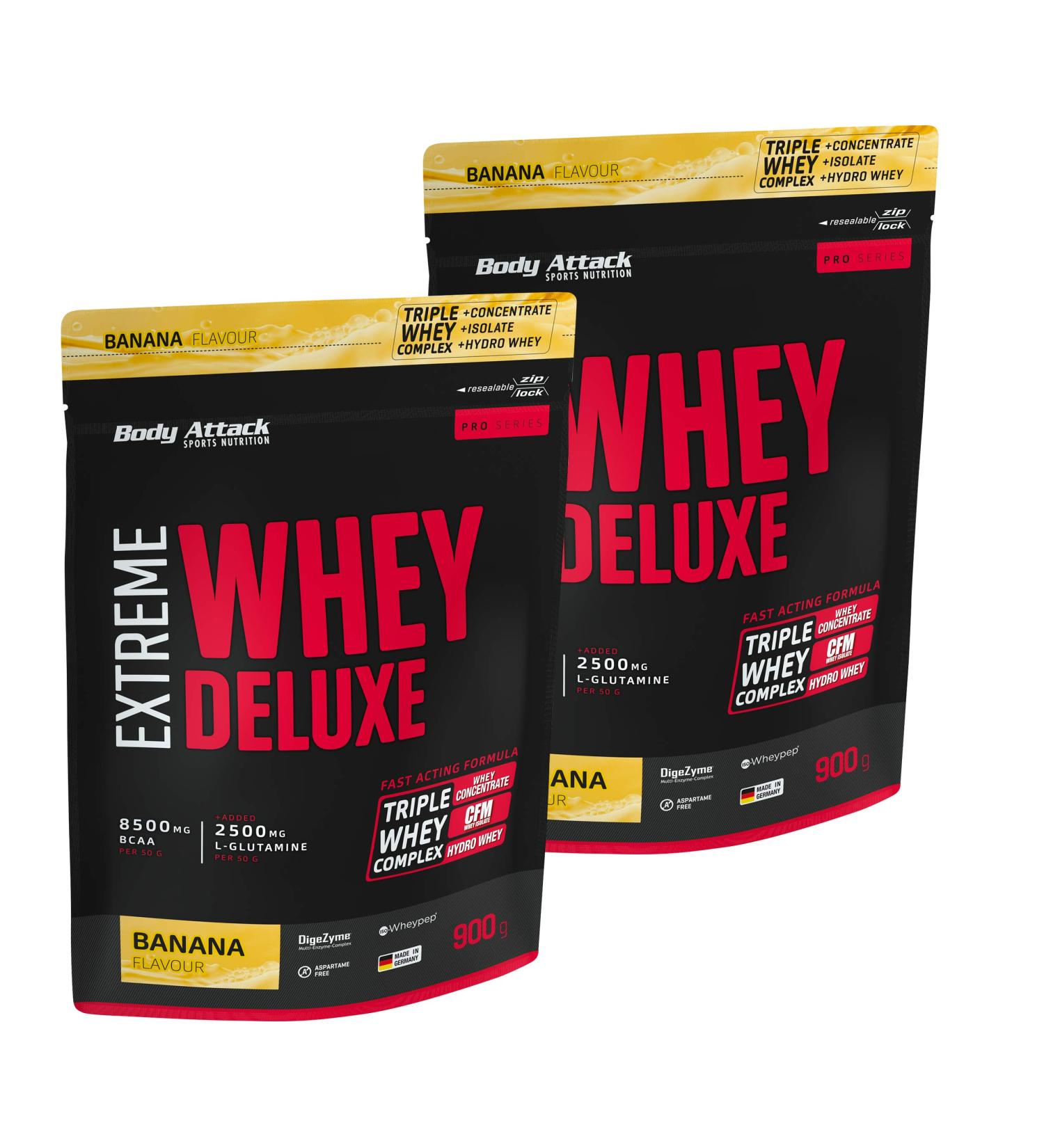 Body Attack Extreme Whey Deluxe Banana Cream - 2x900g Protein Powder Low Fat & Sugar Triple Whey Complex CFM Whey Isolate - Amino Acids - Perfectly Soluble | International Shipping - Buy Online on GoSupps.com