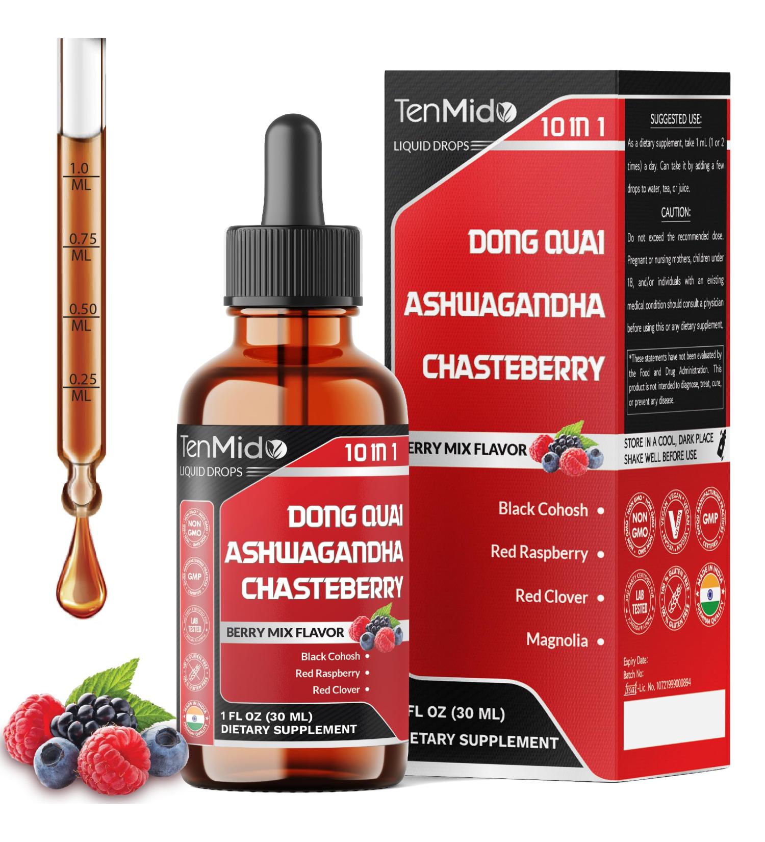 Tenmido 10in1 Liquid Dong Quai Supplement for Women with Ashwagandha Chasteberry Black Cohosh Red Clover Magnolia Red Raspberry Hops Flower Lemon Balm and Ginger - 30ml 1 Fl Oz - Buy Online on GoSupps.com