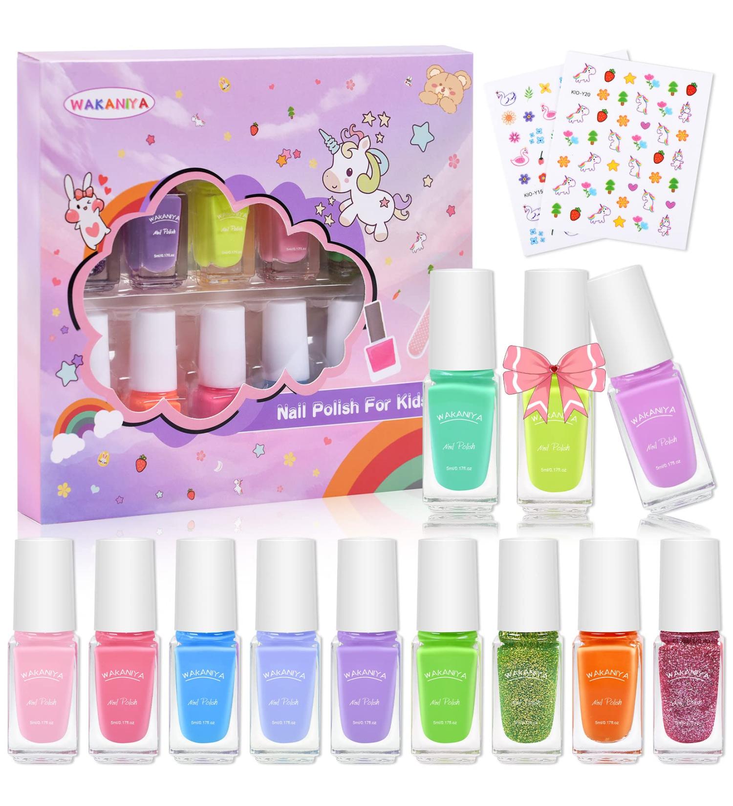 Kids Nail Polish Set - 12 Peel-Off Rainbow Colors with Cartoon Stickers | Non-Toxic Water-Based Nail Varnish Kit for Toddlers, Girls, Teens - Blue, Pink, Orange - Buy Online on GoSupps.com