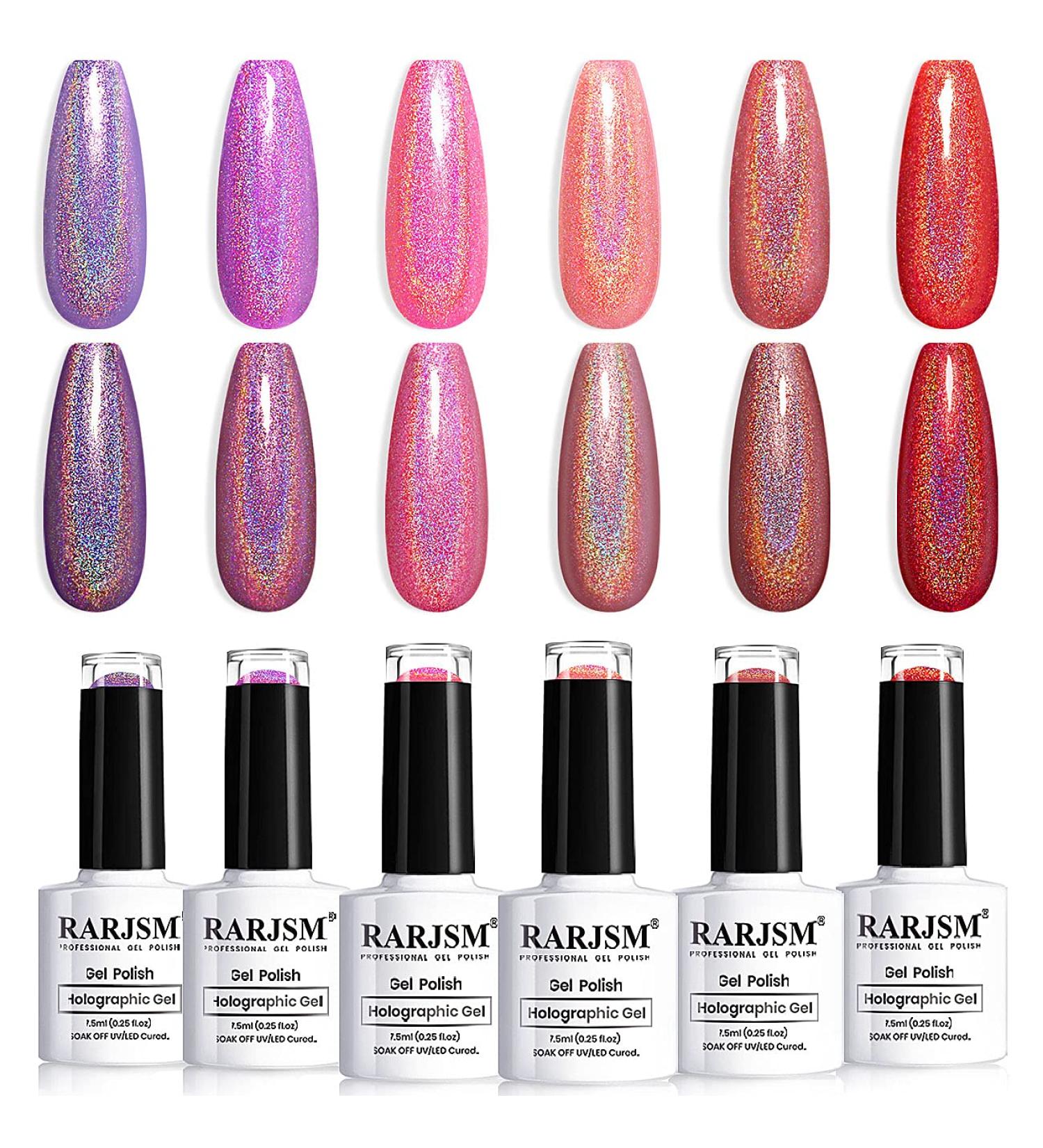 RARJSM Holographic Gel Nail Polish Set - Summer Glitter Colors Kit for Salon & Home Manicure - Rose Gold, Hot Pink, Red, Violet, Purple - 6PCS 7.5ML - Buy Online on GoSupps.com