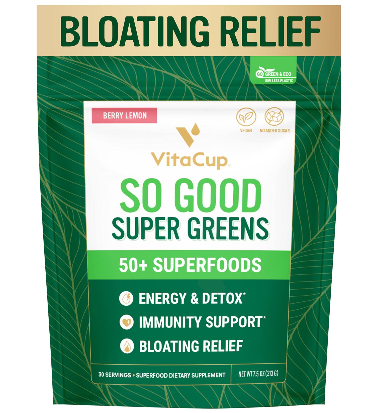 VitaCup Super Greens Powder - Boost Energy, Detox, and Immunity - 50+ Premium Superfoods with Probiotics, Prebiotics, Fiber, Antioxidants, Adaptogens - Berry Lemon Flavor - 30 Servings - Buy Online on GoSupps.com