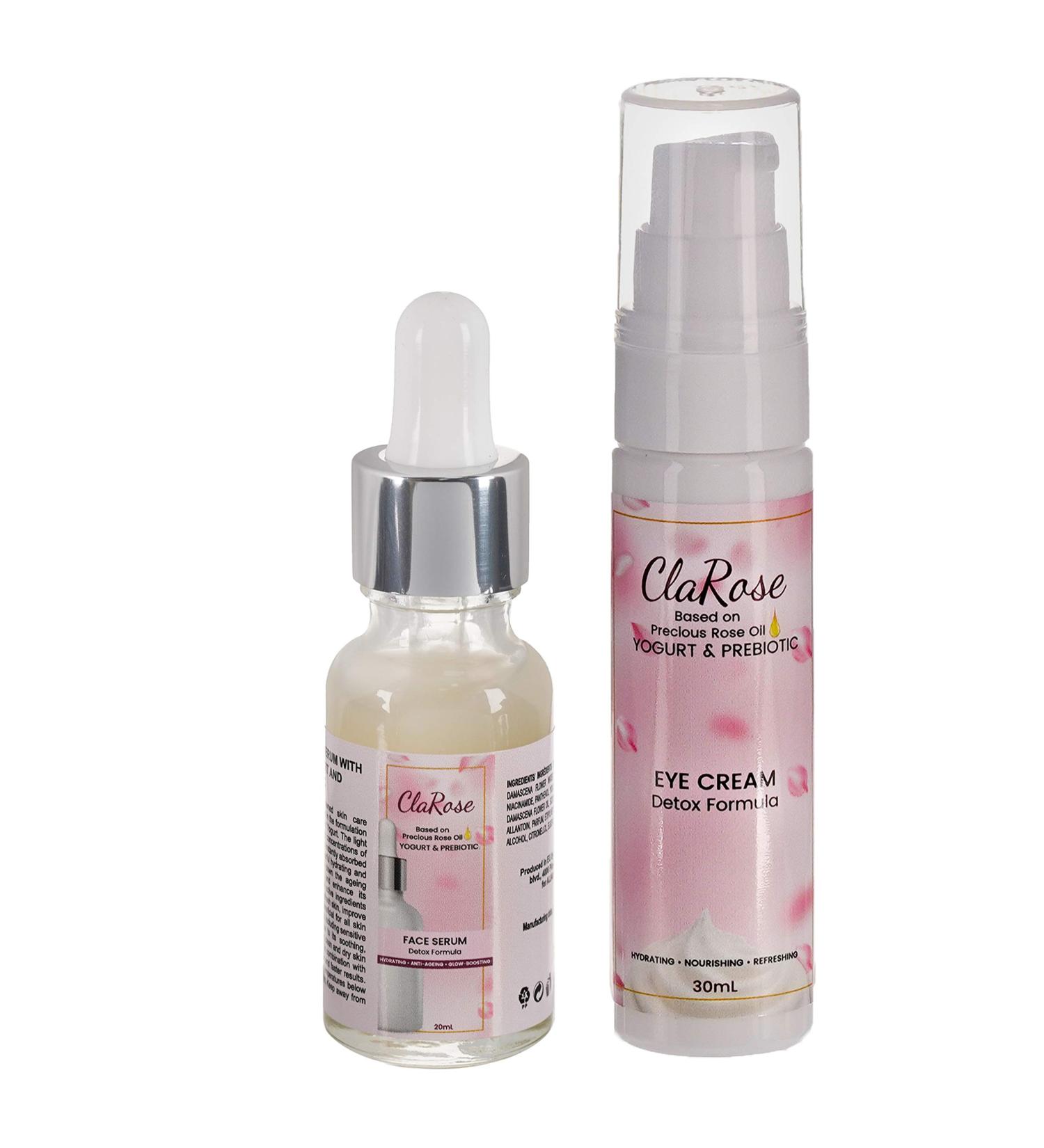 ClaRose - Detoxifying Anti-Aging Facial Kit: Face Serum (20ml) and Eye Cream (30ml) with 100% Natural Rose Oil Yogurt and Prebiotic. - Buy Online on GoSupps.com
