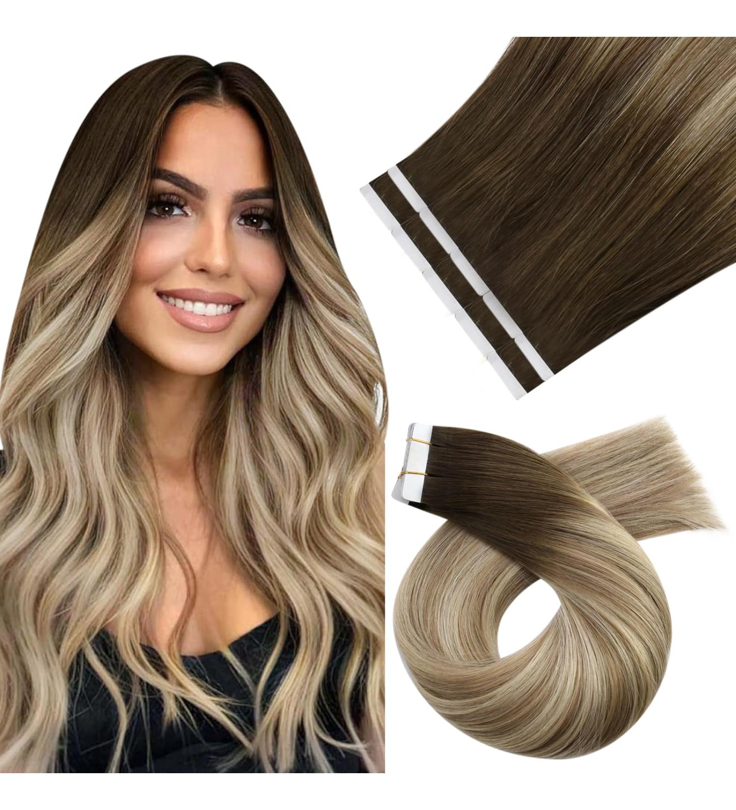 Moresoo Real Hair Extensions - Tape In Blonde & Dark Brown Ombre 50cm 25g | Invisible Hair Extensions - Buy Online on GoSupps.com