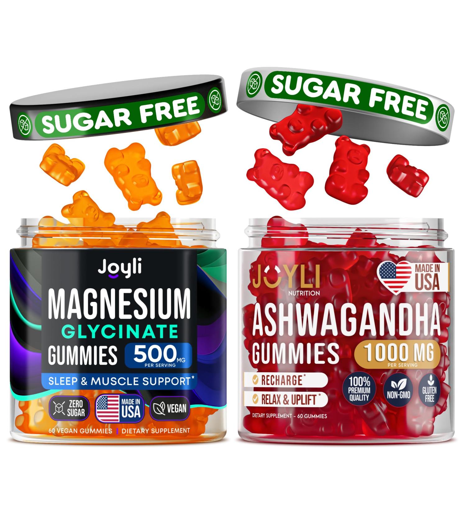 JOYLI Magnesium & Ashwagandha Gummies Bundle Sugar-Free Vegan with Magnesium Glycinate & Ashwagandha Root Daily Wellness Support 2x60 Gummies - Buy Online on GoSupps.com