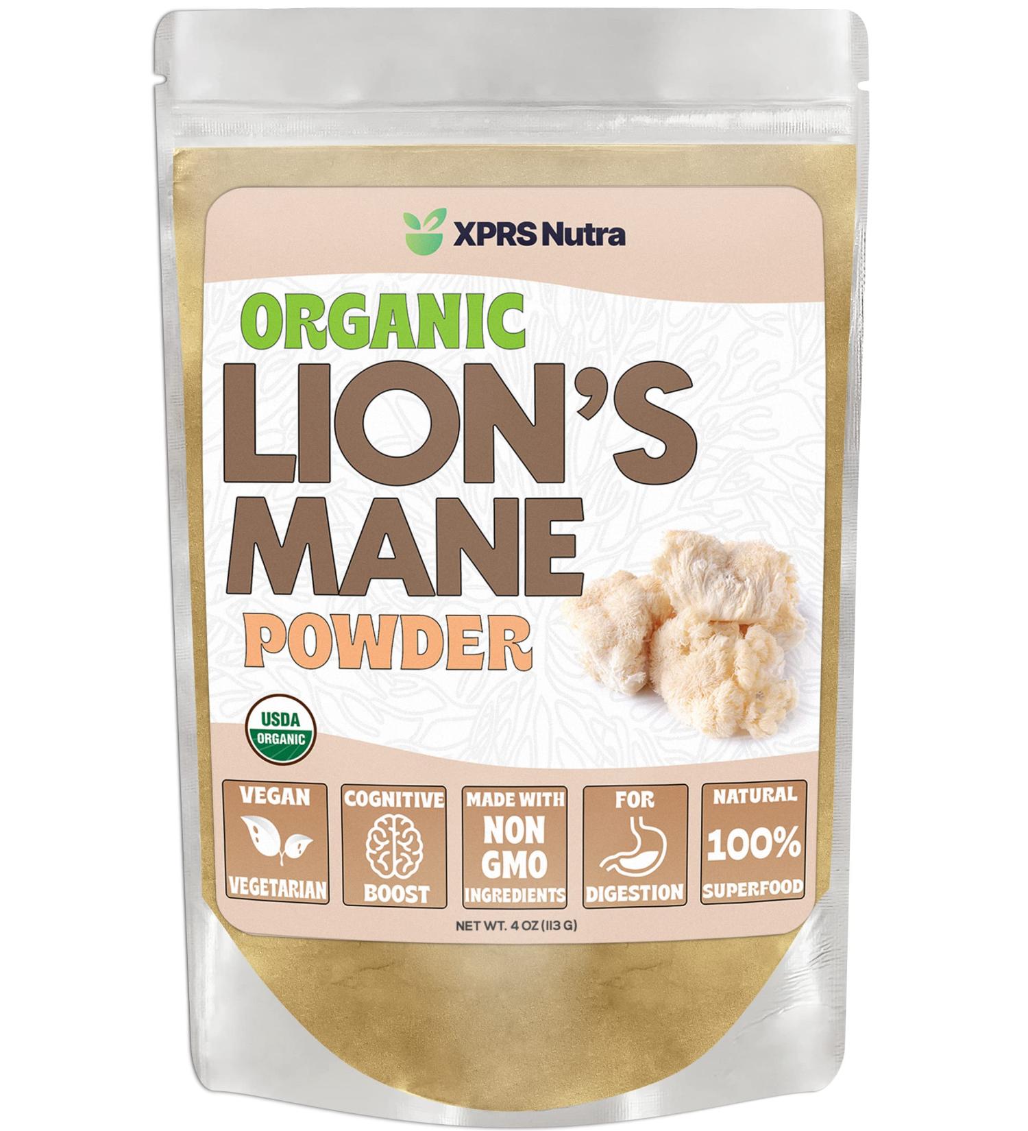 XPRS Nutra Organic Lions Mane Powder - 4 oz Premium Mushroom Supplement for Mental Clarity, Cognition & Immunity - Vegan Friendly - Buy Online on GoSupps.com