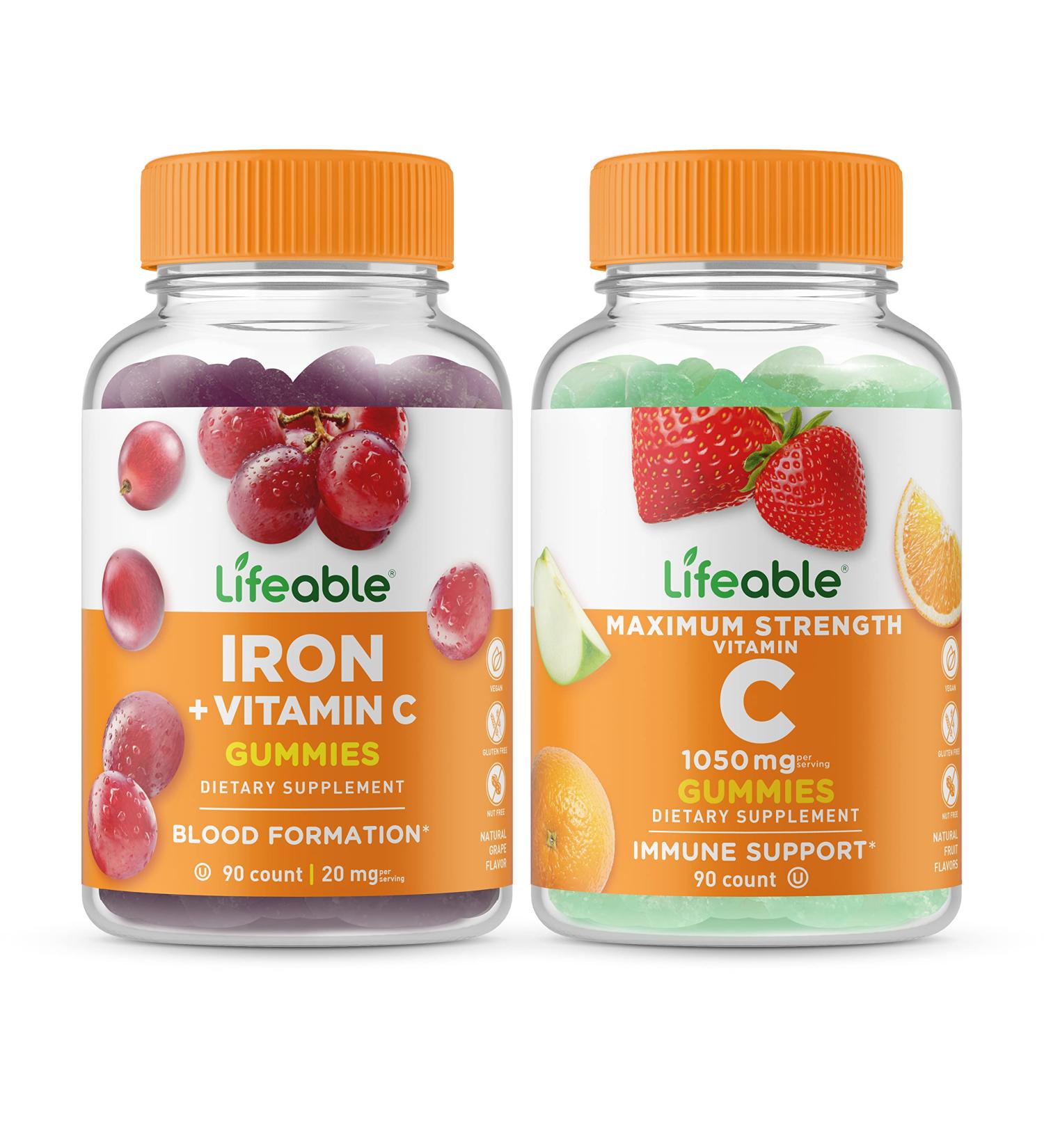 Lifeable Iron + Vitamin C 1050mg Gummies Bundle - Gluten Free & GMO Free Chewable Supplement - Buy Online on GoSupps.com