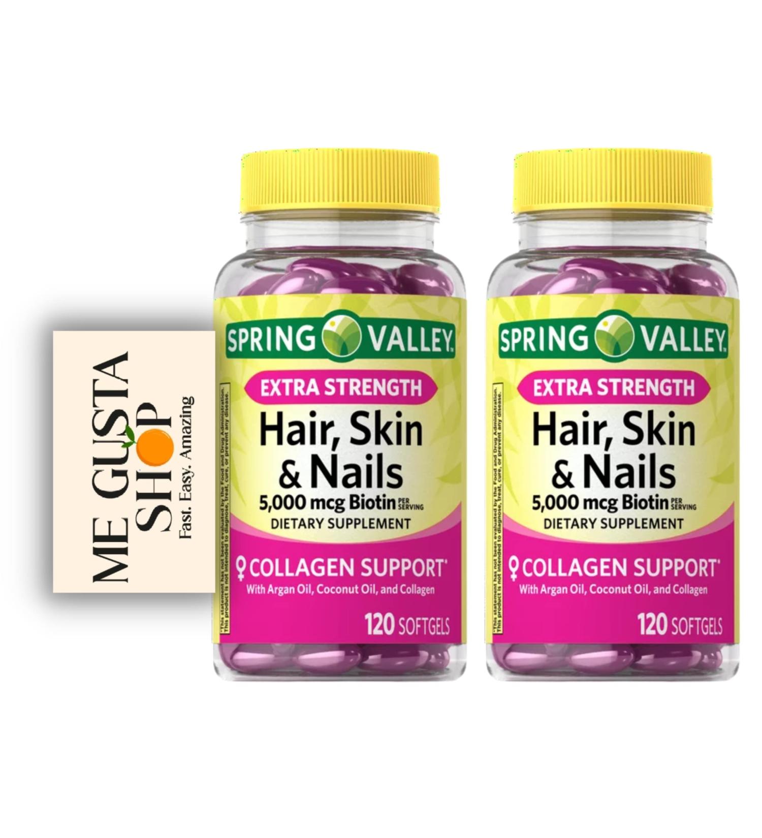 Spring Valley Hair Skin & Nails Biotin Collagen Gelatin Extra Strength 240ct (2 Pack) + Me Gustas Sticker - Buy Online on GoSupps.com