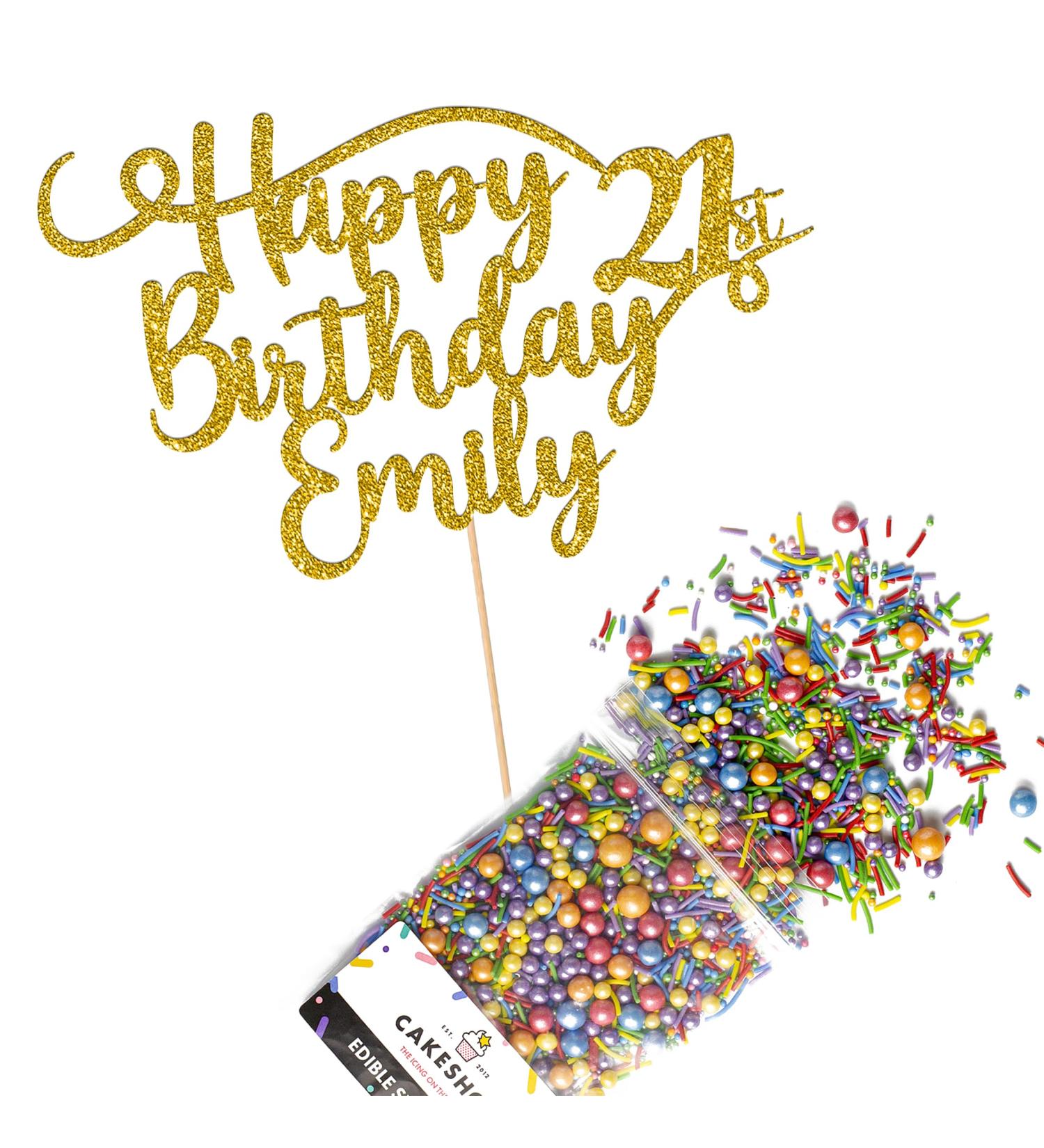 Cakeshop Cake Decoration Pack | Happy Birthday Premium Double Sided Glitter Card Cake Topper Sign & 25g Party Pack of Cake Sugar Sprinkles | Custom Name & Age Cake Decorations (Gold) Non-Prime Glitter Card: Gold - Buy Online on GoSupps.com