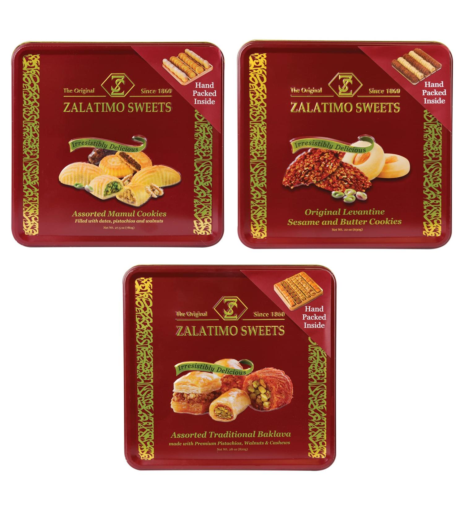 Zalatimo Sweets Shortbread Cookies Variety Pack | 100% All-Natural | Slightly Sweet | Square Metal Gift Tin | No Corn Starch or Syrups | Assorted Baklava, Mamoul, Sesame & Butter | Pack of 3 - Buy Online on GoSupps.com