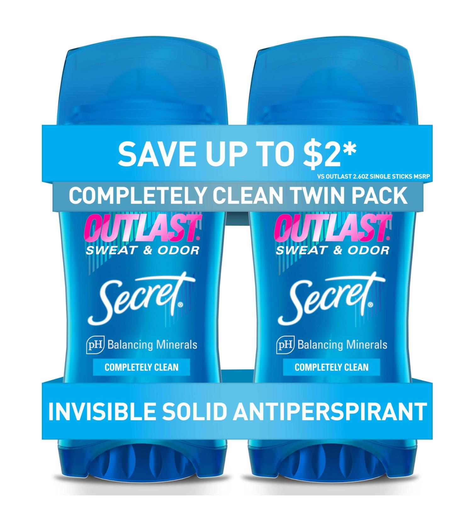 Secret Outlast Antiperspirant and Deodorant for Women Invisible Solid Completely Clean Scent 2.6 oz (Pack of 2) Completely Clean 2.6 Ounce (Pack of 2) - Buy Online on GoSupps.com