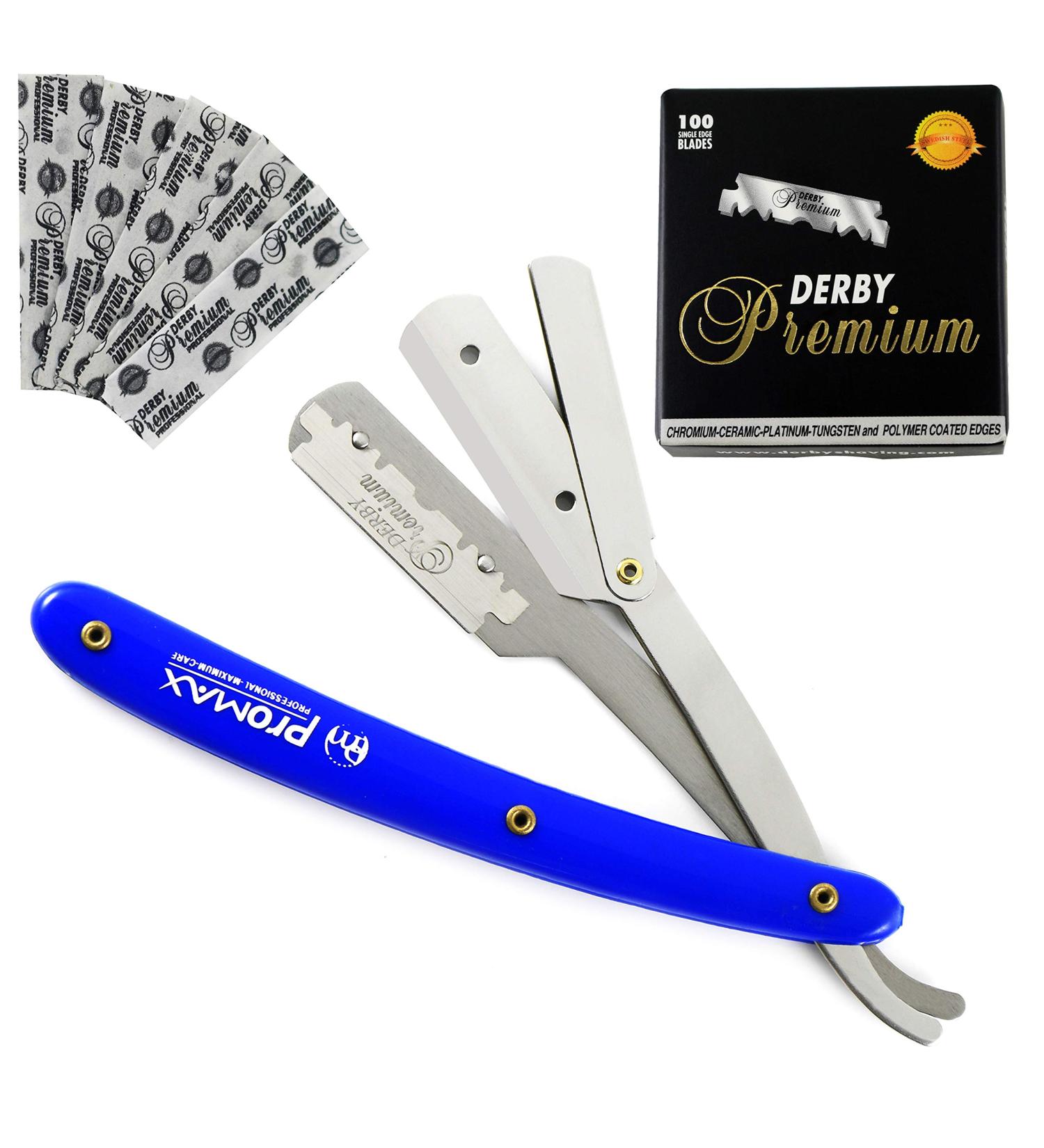 ProMax Care Professional Straight Edge Razor - Stainless Steel Barber Razor with 100 Derby Blades for Close Shaving - Men's Manual Safety Shaver with Blue Handle - Buy Online on GoSupps.com