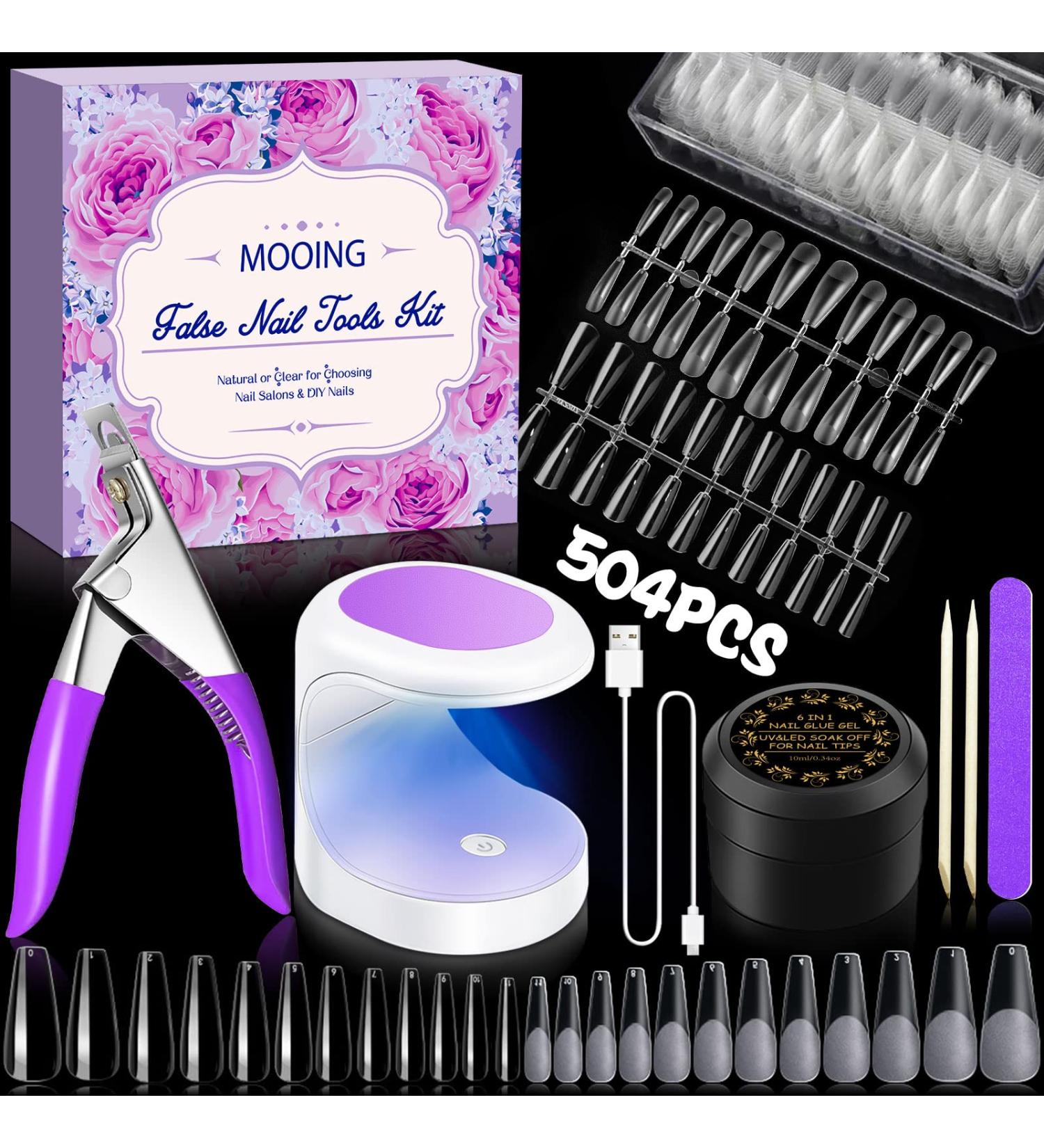 Moing Nail Tips & Glue Gel Kit | 504 Coffee Fake Nails | 11 Sizes Transparent Starter Set | Mini Nail Lamp File & Clipper Included - Buy Online on GoSupps.com