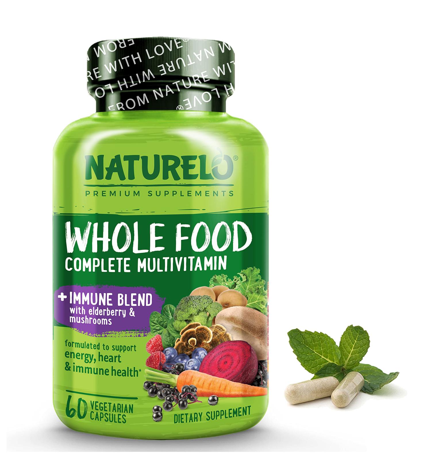 NATURELO Whole Food Multivitamin + Immune Blend - 60 Vegan Capsules with Elderberry, Mushrooms, Vitamin C, D3, Zinc for Extra Immune Support - Buy Online on GoSupps.com