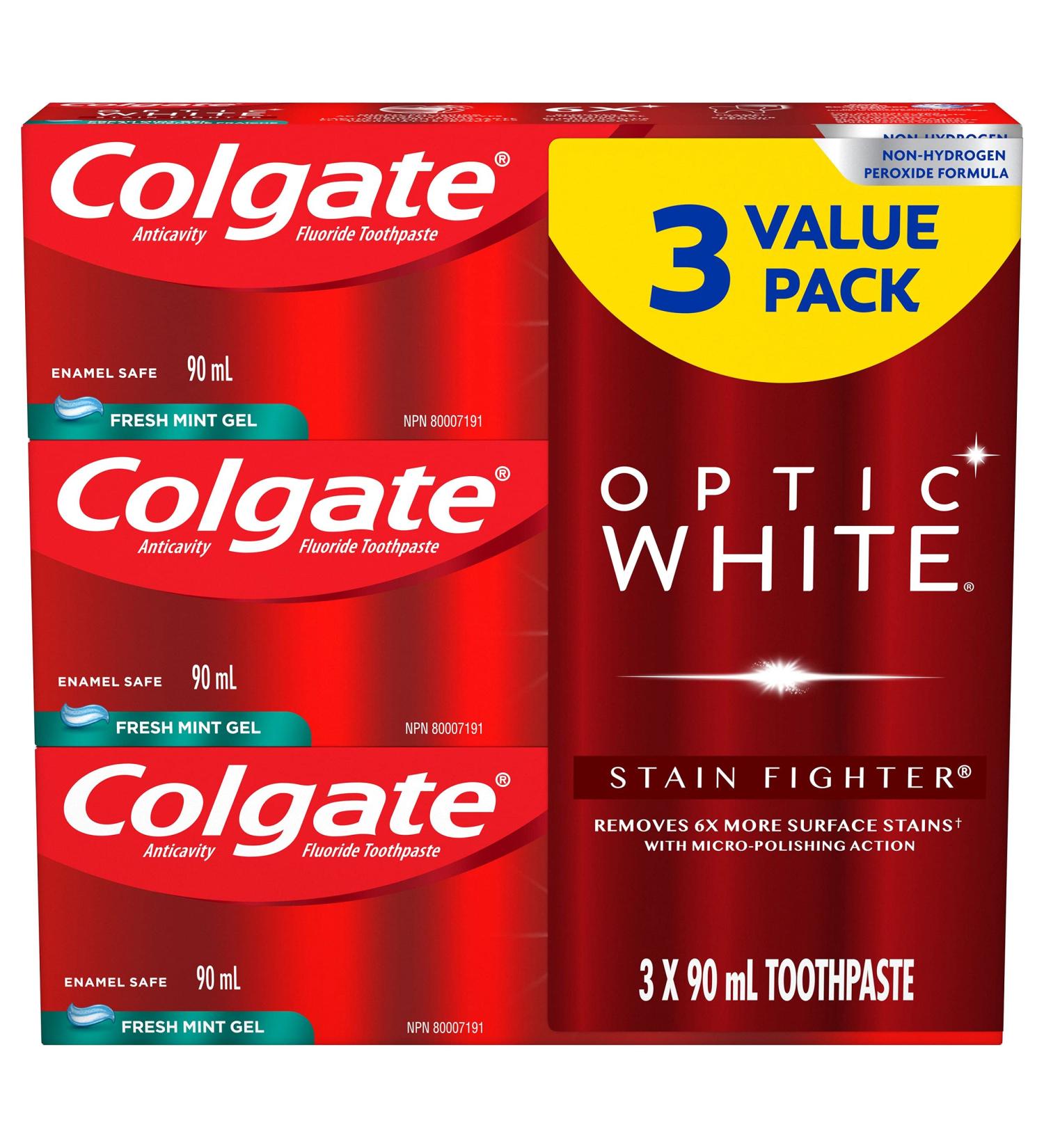 Colgate Optic White Stain Fighter Teeth Whitening Toothpaste Fresh Mint Gel - 90 ml 3 Pack Fresh Mint Gel 90 g (Pack of 3) - Buy Online on GoSupps.com