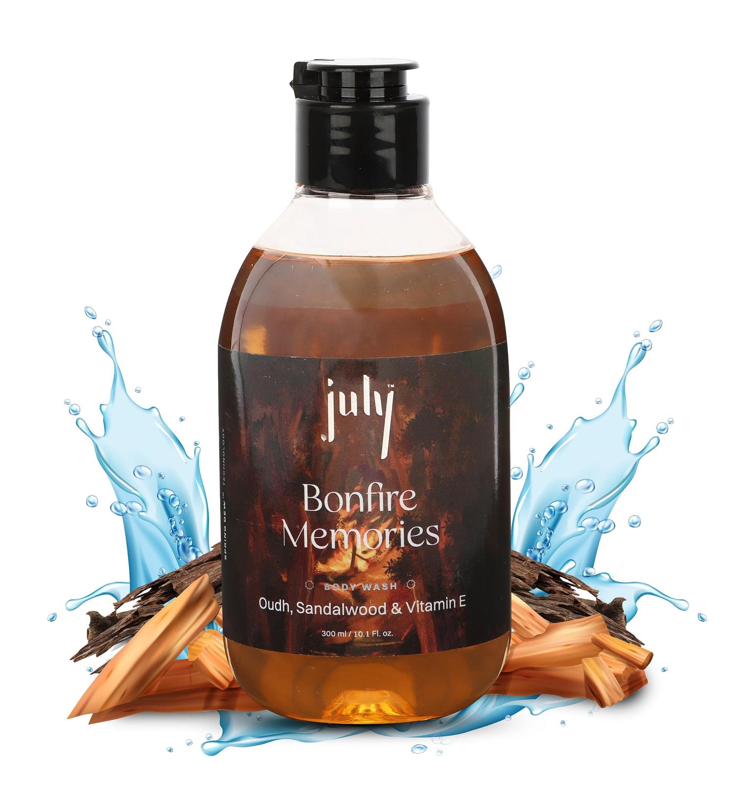 July Bonfire Memories Body Wash 300ml - Oudh & Sandalwood Vitamin E Moisturizer Exfoliating Shower Gel for Men & Women | Long Lasting Fragrance - Buy Online on GoSupps.com