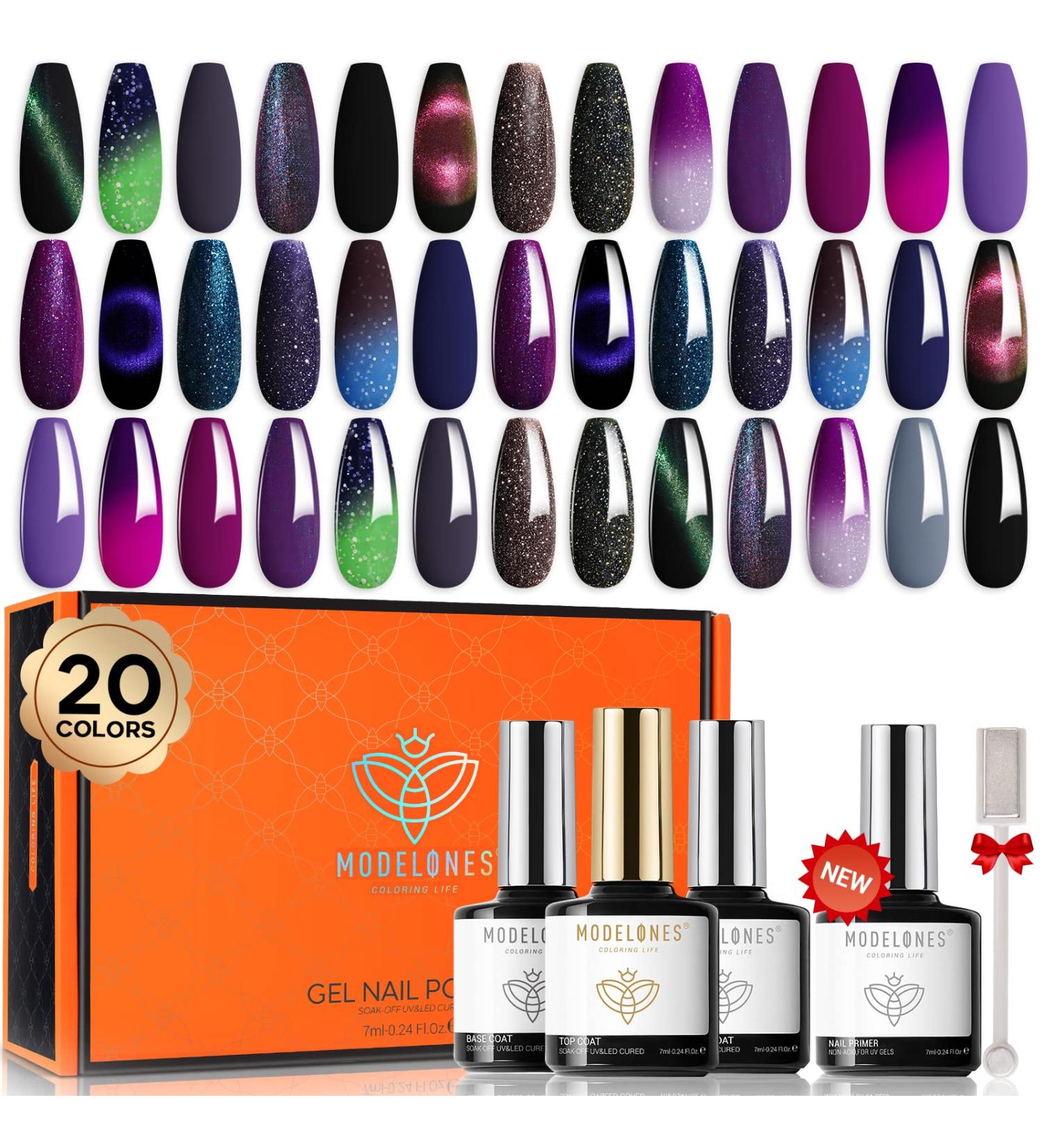 Modelones 25Pcs Cat Eye Gel Nail Polish Kit - Glitter Color Changing Set with Bond Primer, Top Coat, Base Coat, Magnet Stick - DIY Salon Nail Art Gift - Aurora Night - Buy Online on GoSupps.com