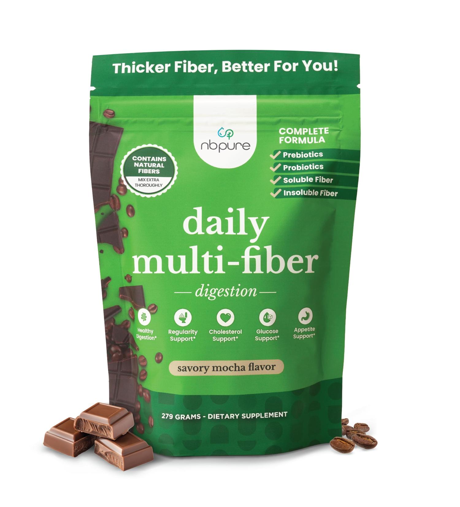 nbpure Daily Fiber Powder Blend for Digestive Health, Cholesterol Support, Healthy Weight Management - with Prebiotic, Insoluble, Soluble Fiber + 4 Probiotic Strains, Savory Mocha, Gusset, 45 Servings Savory Mocha 9.52 Ounc  - Buy Online on GoSupps.com