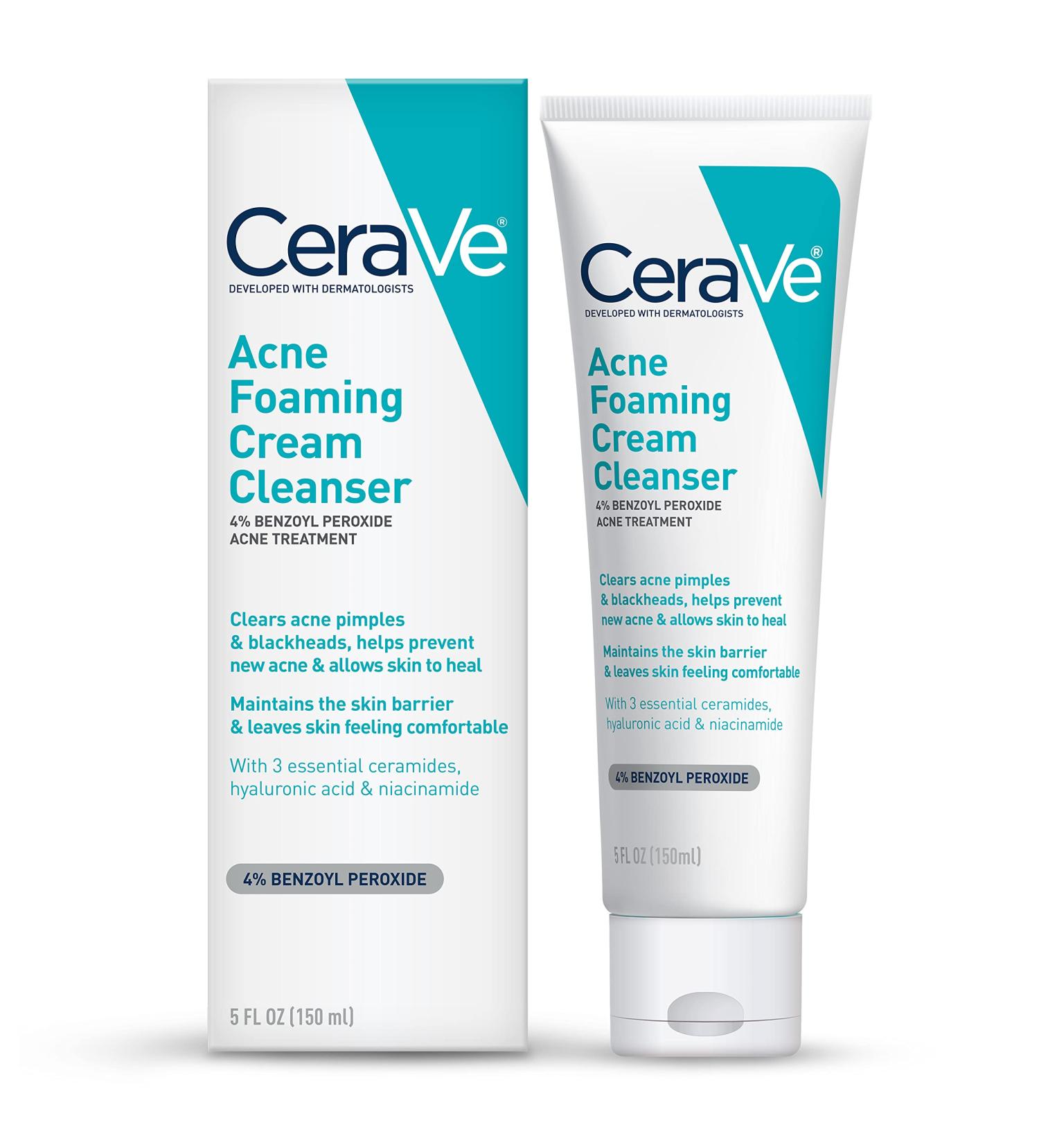 CeraVe Acne Foaming Cream Cleanser with 4% Benzoyl Peroxide, Hyaluronic Acid & Niacinamide - 5 Oz | Fragrance-Free, Non-Comedogenic Acne Treatment Face Wash - Buy Online on GoSupps.com