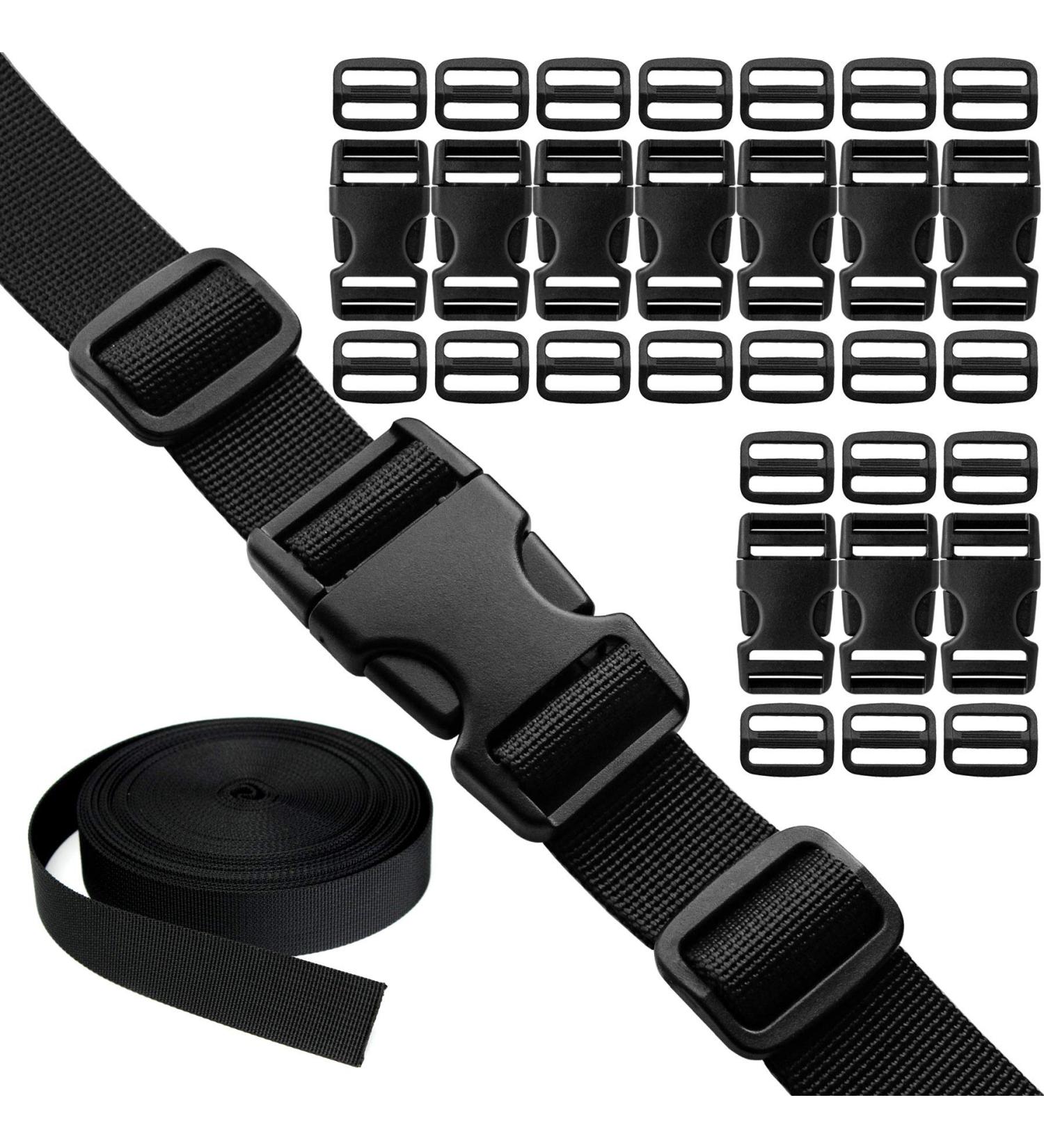 Buckles Straps Set of 1 inch: 10 pcs Quick Side Release Plastic Buckle Dual Adjustable + 12 Yard Black Nylon Webbing Strap Band + 20 pcs Tri-glide Slide Clip  No Sewing Required Heavy Duty Durable 1 inch 31 - Buy Online on GoSupps.com
