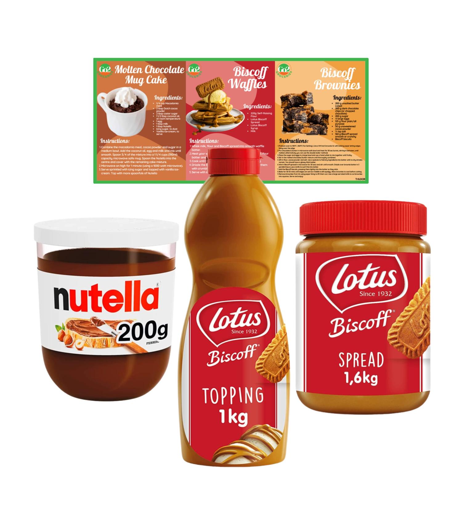 Breakfast and Dessert Bundle Includes Biscoff Topping Sauce (1kg) Biscoff Spread (1.6kg) and Nutella Hazelnut Chocolate Spread (200g) with Go2 Groceries Recipe Cards Biscoff Topping Sauce Biscoff Spread & Nutella - Buy Online on GoSupps.com
