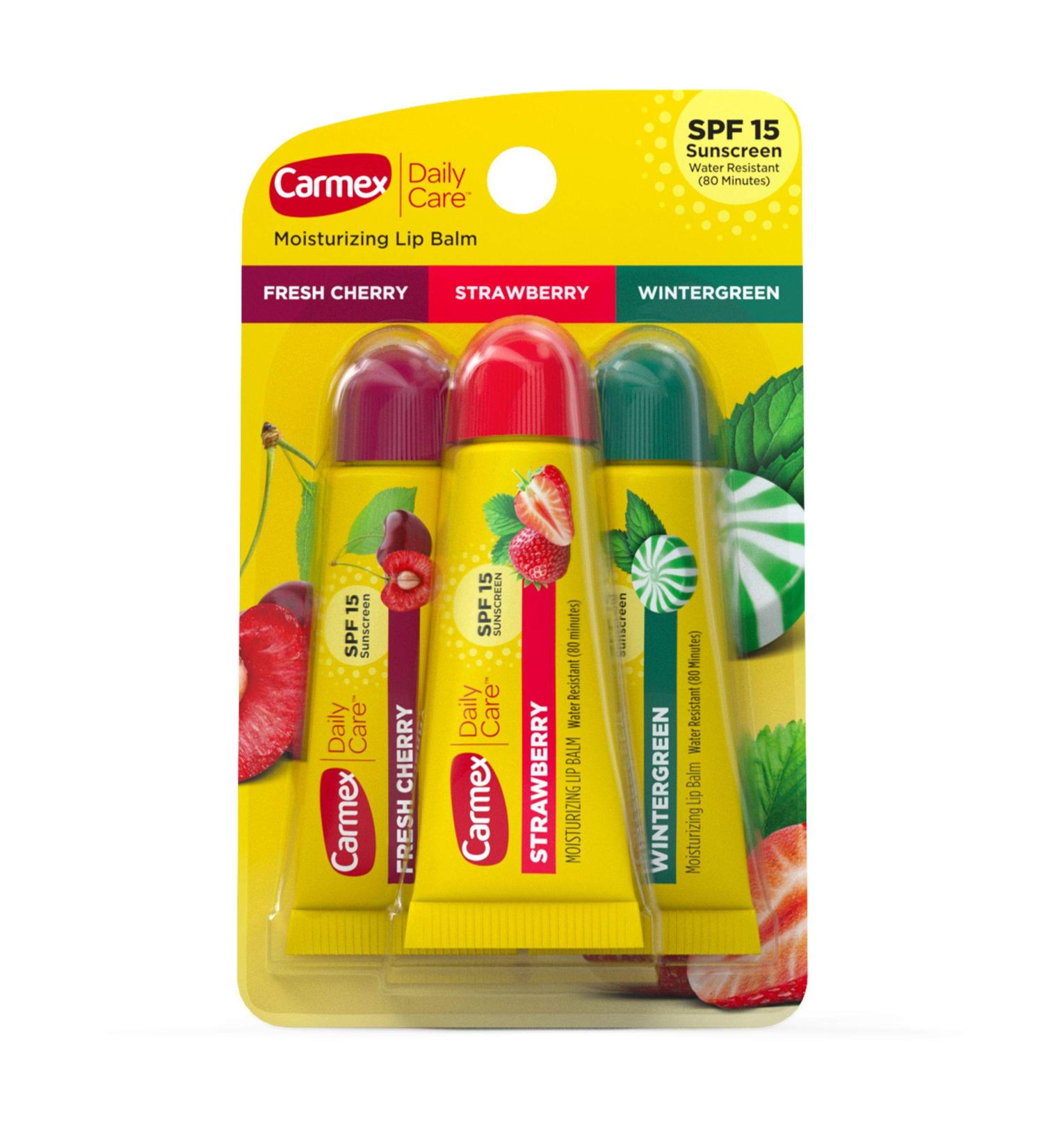 Carmex Daily Care Moisturizing Lip Balm Pack Lip Balm With Sunscreen in Fresh Cherry Strawberry and Wintergreen -0.35 Ounce (Pack of 3) 1 - Buy Online on GoSupps.com
