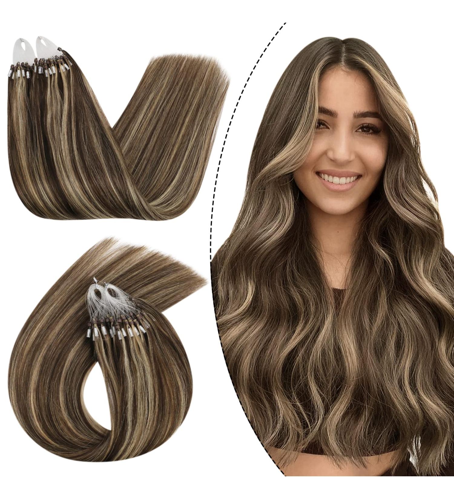 UGEAT Microring Extensions - Real Hair Dark Brown & Caramel Blonde Highlights 55 cm 50g 50 Pieces #4/27 - Premium Quality Hair Extensions - Buy Online on GoSupps.com