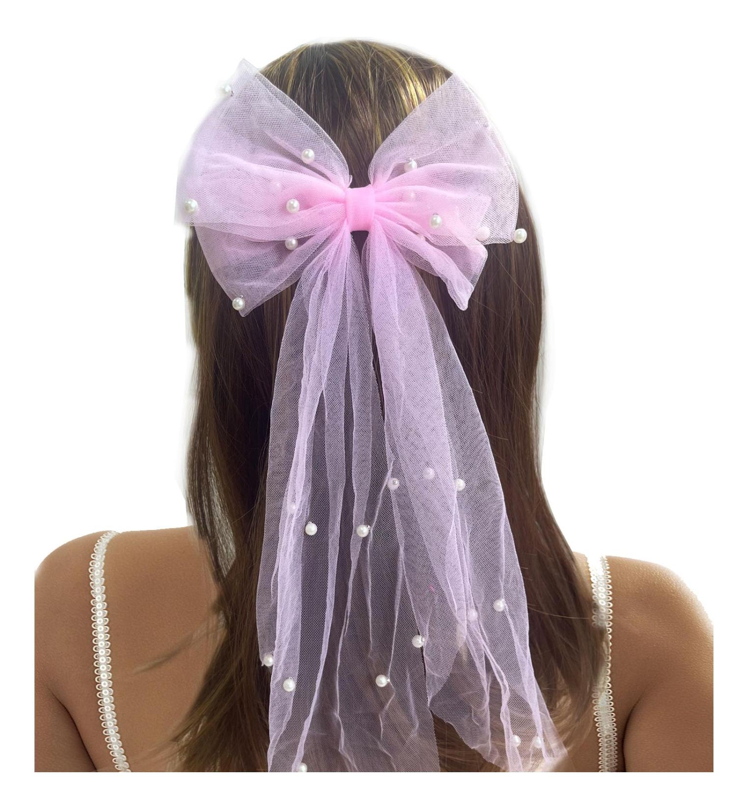 Golden Apple Pearl Bow Hair Clips Bridal Veil Wedding Tulle Big Bow with Clip Bowknot Spring Snap Hair Barrettes for Women (Pink) - Buy Online on GoSupps.com
