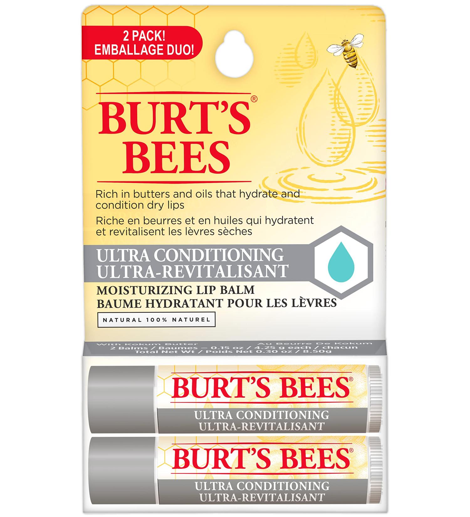 Burt's Bees Hydrating Lip Balm for Dry Chapped and Cracked Lips 100% Natural Origin Ultra Conditioning with Kokum Butter Shea Butter and Cocoa Butter Unscented 2 Tubes - Buy Online on GoSupps.com