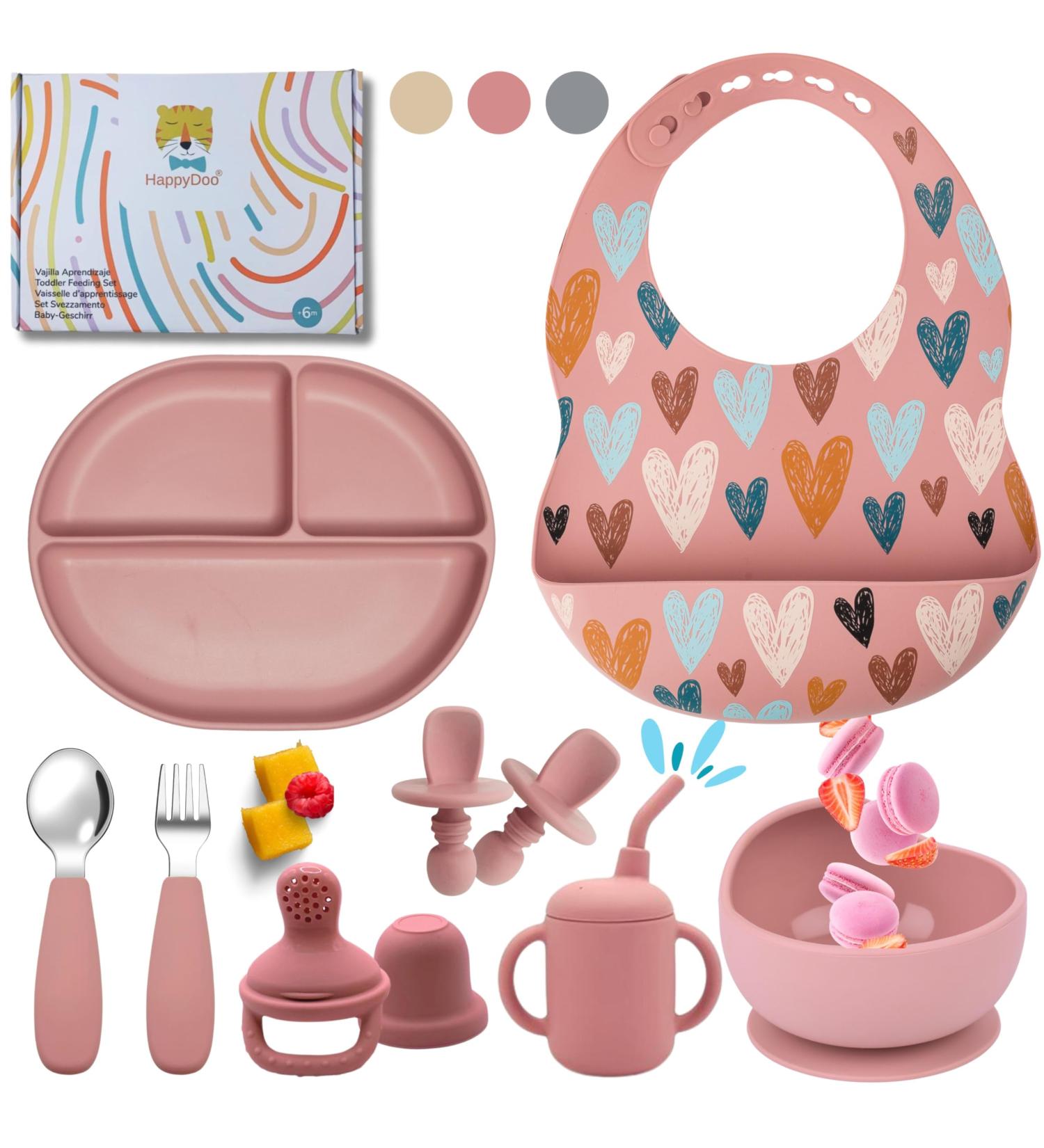 Happydoo Baby Dishes Set | 12-Piece Suction Cup Baby Plate Set | BPA Free Tableware | Perfect Baby Gift in Strong Pink Gift Box - Buy Online on GoSupps.com